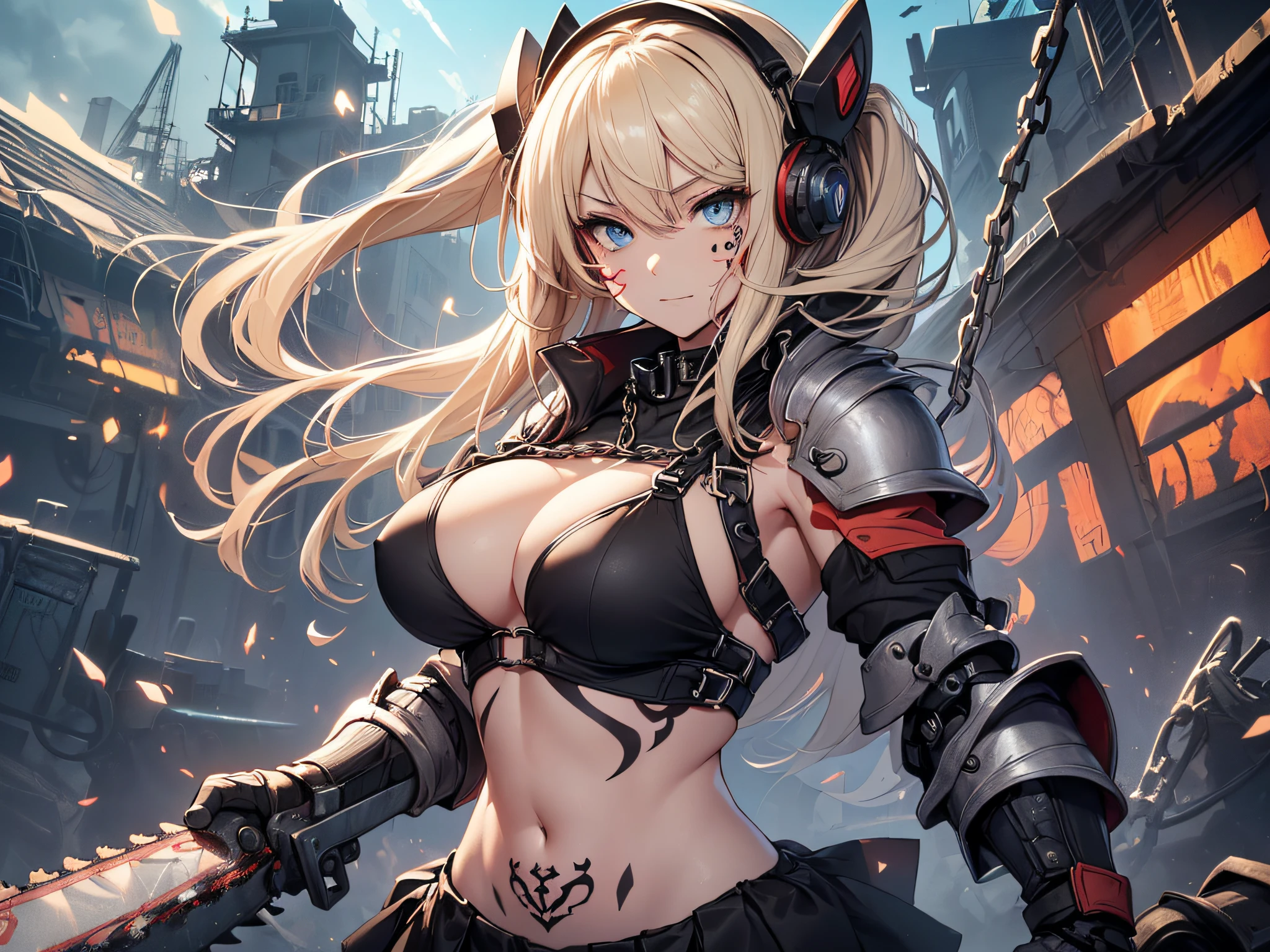 top-quality、Top image quality、masterpiece、girl with((Black Bikini、Black Mechanical Armor、、teen ager、cute lit Bust、big bast,Beautiful light blue eyes、Breasts wide open, a blond、A slender,Large valleys、belligerent movements,Warlike face、Navel Tank Top、mechanical short skirt、anchor chain、chain、Holding a chainsaw、red heart tattoo on cheek、dye one's cheeks red、fighting poses、Laugh)),hiquality、Beautiful Art、Background with((universes)))、Depth((black hole)),masutepiece、depth of fields,Cinematic style