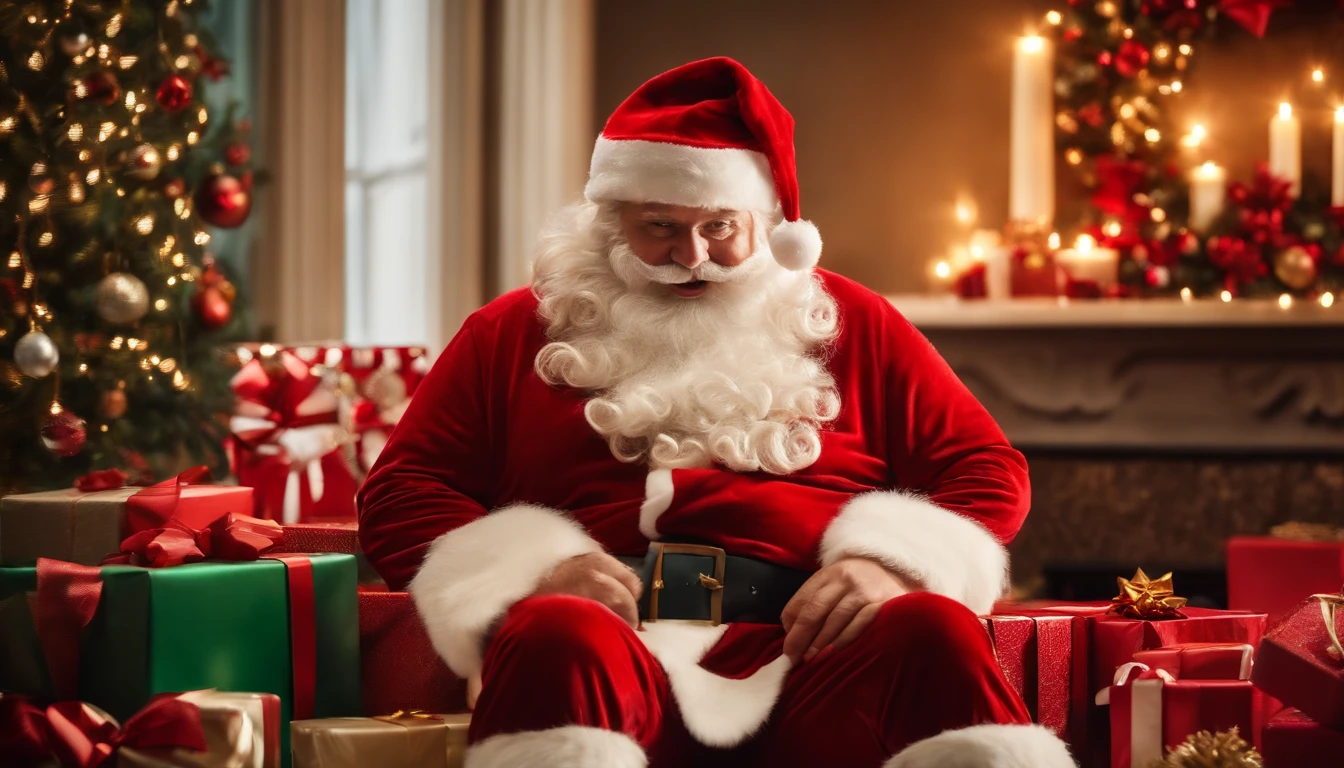 A visually stunning composition of a cute Santa Claus in his iconic red suit, surrounded by presents and Christmas decorations, creating a visually festive and joyful scene.