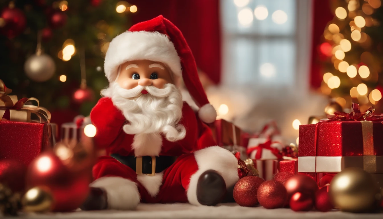 A visually stunning composition of a cute Santa Claus in his iconic red suit, surrounded by presents and Christmas decorations, creating a visually festive and joyful scene.