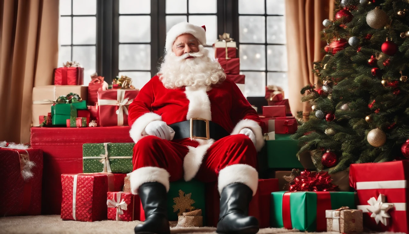 A visually stunning composition of a cute Santa Claus in his iconic red suit, surrounded by presents and Christmas decorations, creating a visually festive and joyful scene.