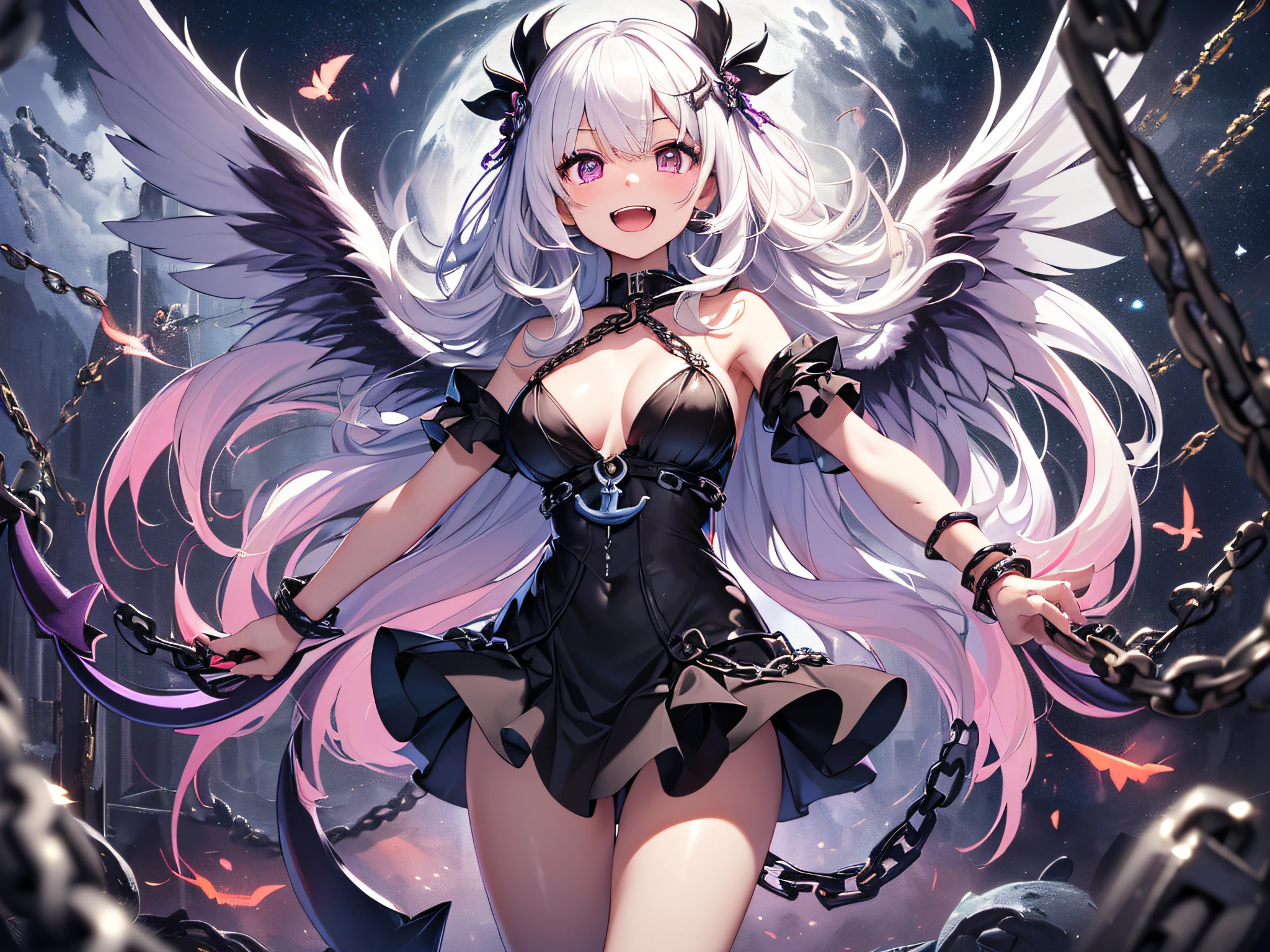 top-quality、Top image quality、​masterpiece、girl with((Black Dress、silver leg arms、Shining red body line、sixteen years old、teen ager、cute little、Best Bust、big bast,Beautiful shining purple eyes、Breasts wide open, white  hair、Black wings,Longhaire、A slender,Large valleys、belligerent movements,sharp claws、anchor chain、chain、chains、Laugh、Niō Standing)),hiquality、Beautiful Art、Background with((kosmos)))、Depth((cinnabar)),masutepiece、depth of fields,Cinematic style