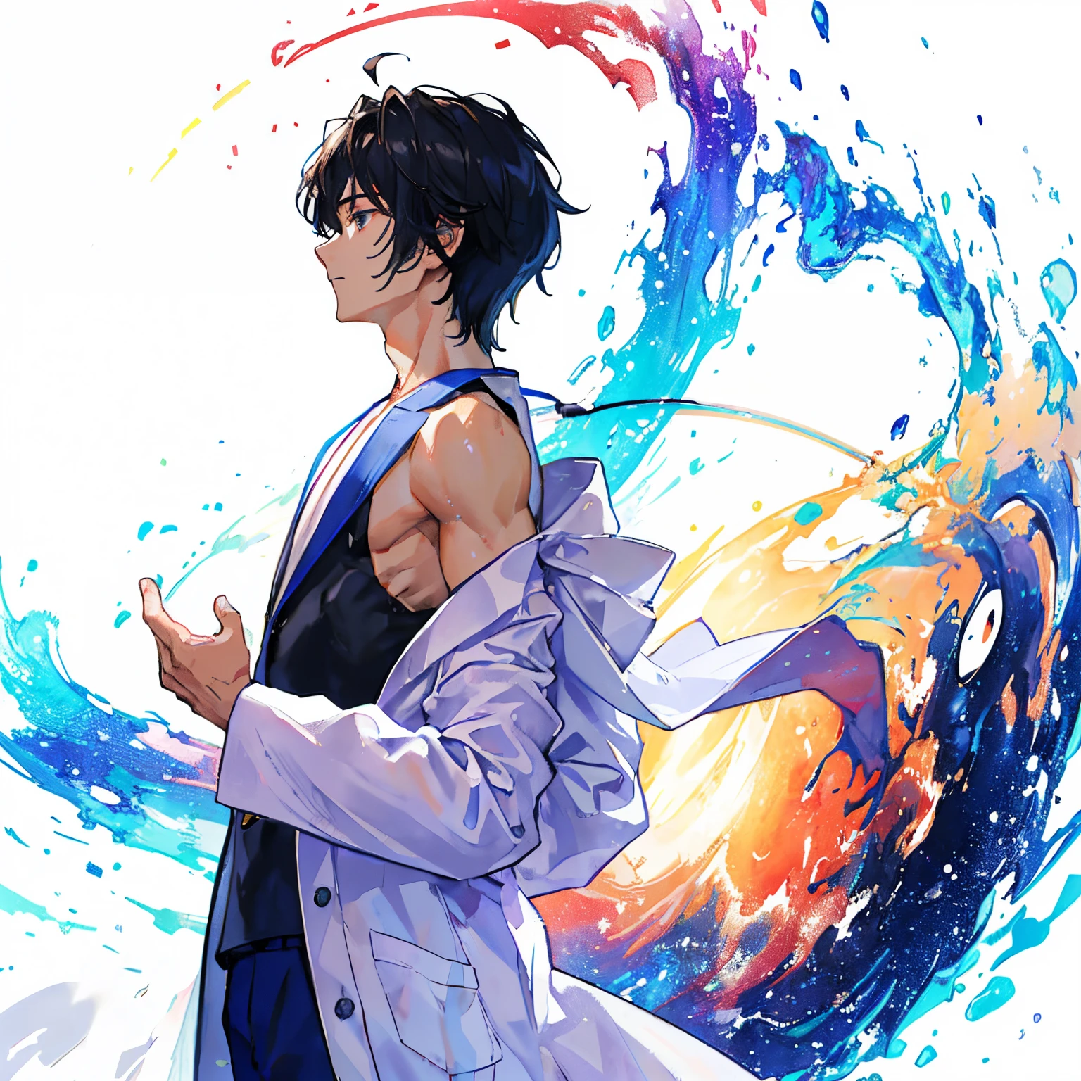 ((masterpiece、top-quality、ultra-definition、hight resolution))、独奏、handsome rainbow、15yo student、White muscle、Naked lab coat、total solar eclipse、Sorcerer、Exposing the armpits、Chest does not move、Turn your back、profile 1 Boy