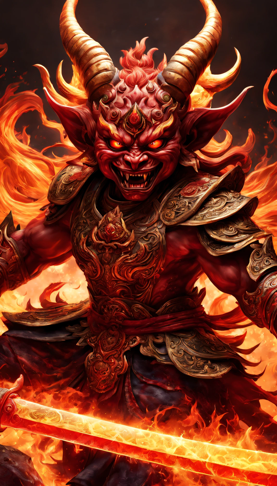 Design a (((Chinese demon))) that embodies the intersection of malevolence and mystique. Its features include intricate horns, ethereal scales, and eyes aflame with otherworldly wisdom. Uncover its origins within ancient Chinese folklore or its place in the celestial hierarchy. Explore its motivations, whether driven by revenge, power, or redemption. Invite writers to infuse this character with cultural nuances, making it a complex figure that resonates with the rich tapestry of Chinese mythology
