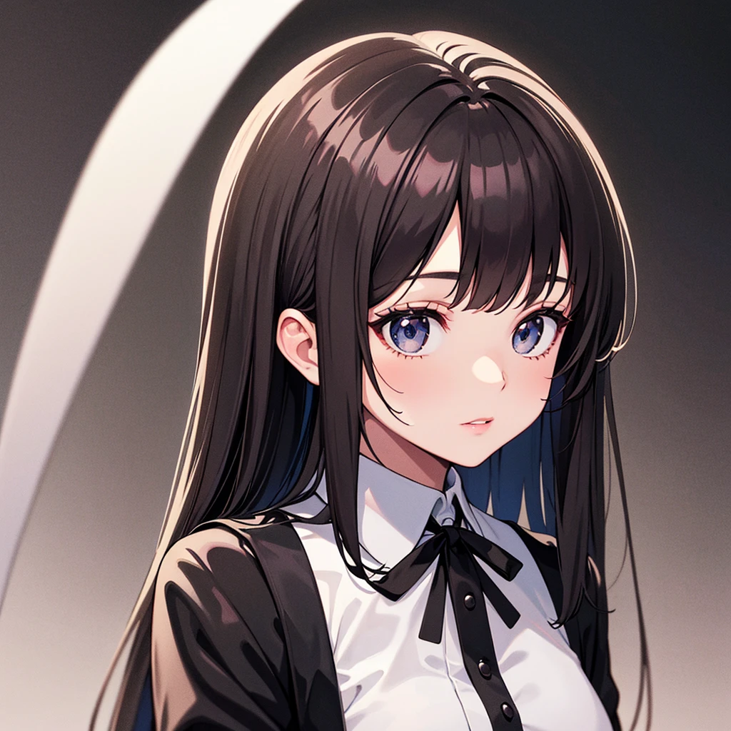 (Best Quality,hight resolution),Realistic,Portrait,Medium:Black and white,Contrasty,Soft lighting,Girl with long dark hair and dark eyes standing in front of a white background. She wears a magic school uniform of black jacket and white shirt, And there&#39;s a ribbon on the chest..... The portrait focuses on her face, Pay attention to the expressive eyes and delicate lips、Captures the intricate details of her beautiful features。。。。。。. The lighting highlights the texture of her hair、Add depth to the overall composition。. An image that conveys elegance and mystery, **-****-*** girl々Expressing new charm and intelligence.A little dark atmosphere