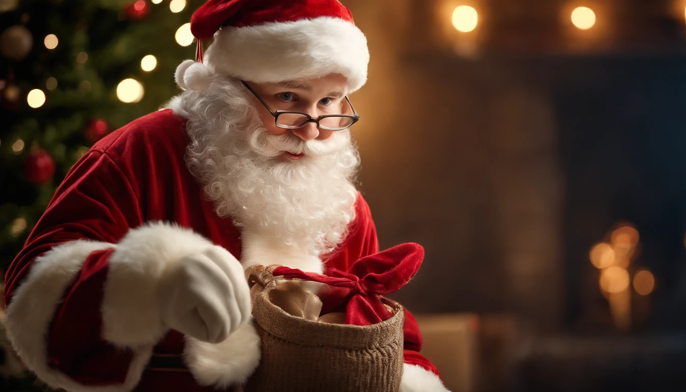 A high-resolution image of a cute Santa Claus holding a sack filled with gifts, with a twinkle in his eye and a mischievous smile, creating a visually playful and whimsical scene.