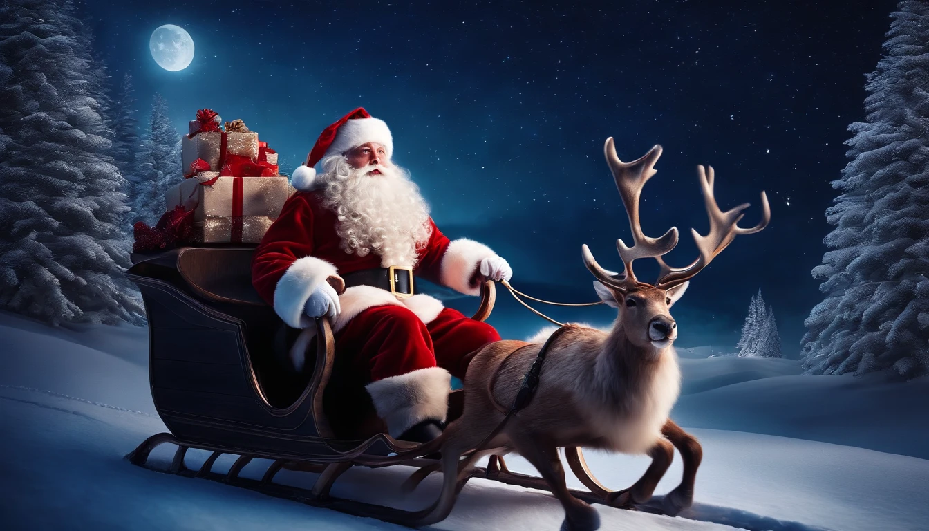 A visually pleasing composition of a cute Santa Claus riding a sleigh pulled by reindeer across a starry night sky, creating a visually magical and enchanting image.