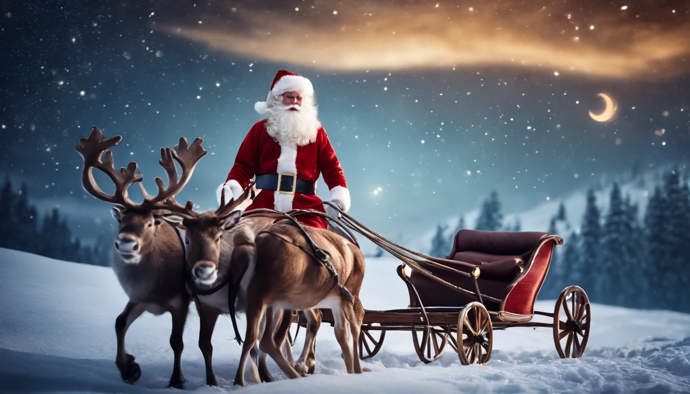 A visually pleasing composition of a cute Santa Claus riding a sleigh pulled by reindeer across a starry night sky, creating a visually magical and enchanting image.