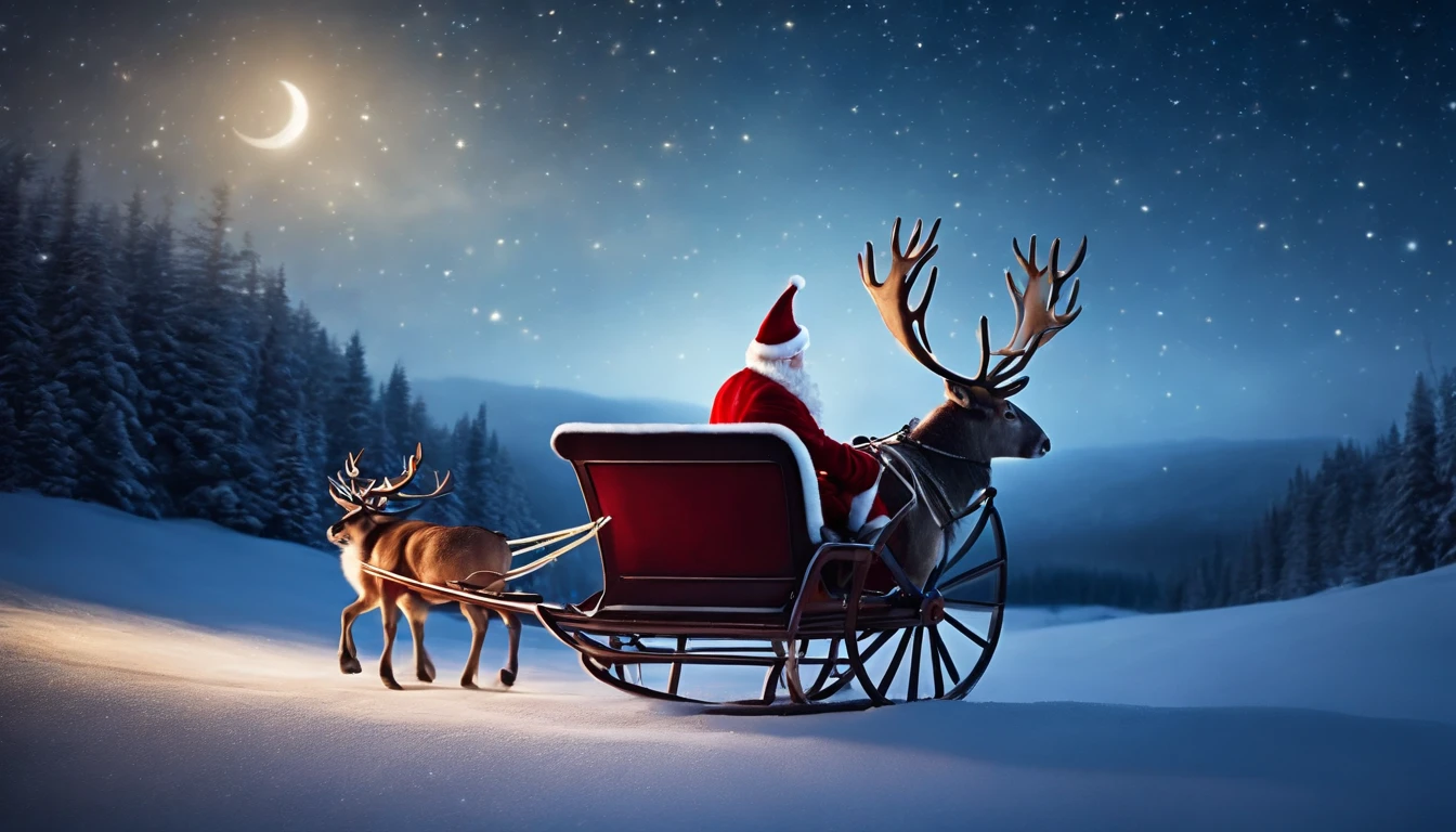 A visually pleasing composition of a cute Santa Claus riding a sleigh pulled by reindeer across a starry night sky, creating a visually magical and enchanting image.