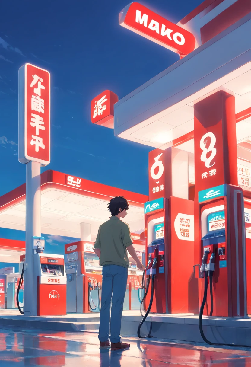 highest quality,ultra clear details,Man filling up at red gas station,Come on happily