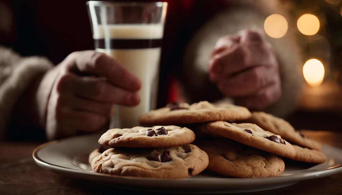 A close-up shot of a cute Santa Claus’s gloved hands, holding a plate of freshly baked cookies and a glass of milk, creating a visually cozy and inviting scene.