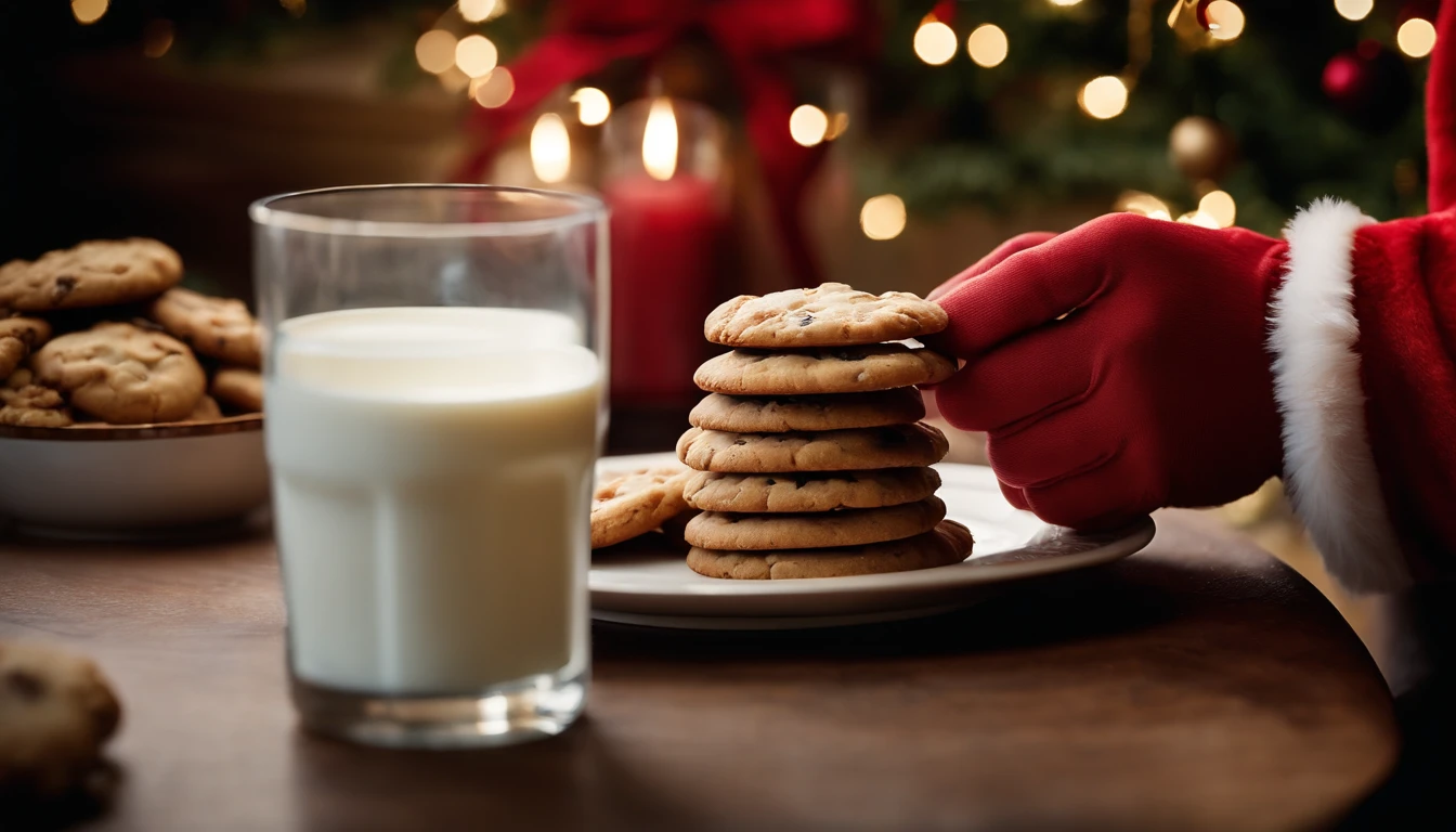 A close-up shot of a cute Santa Claus’s gloved hands, holding a plate of freshly baked cookies and a glass of milk, creating a visually cozy and inviting scene.