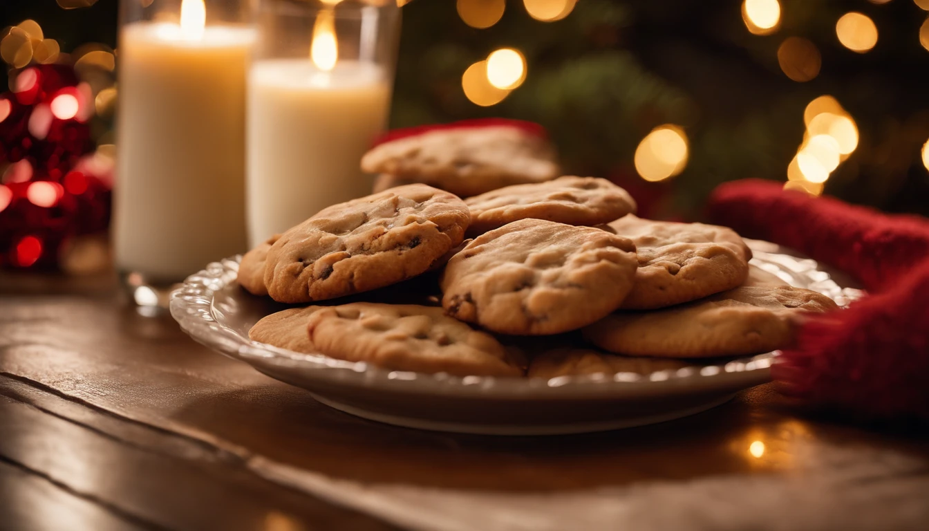A close-up shot of a cute Santa Claus’s gloved hands, holding a plate of freshly baked cookies and a glass of milk, creating a visually cozy and inviting scene.