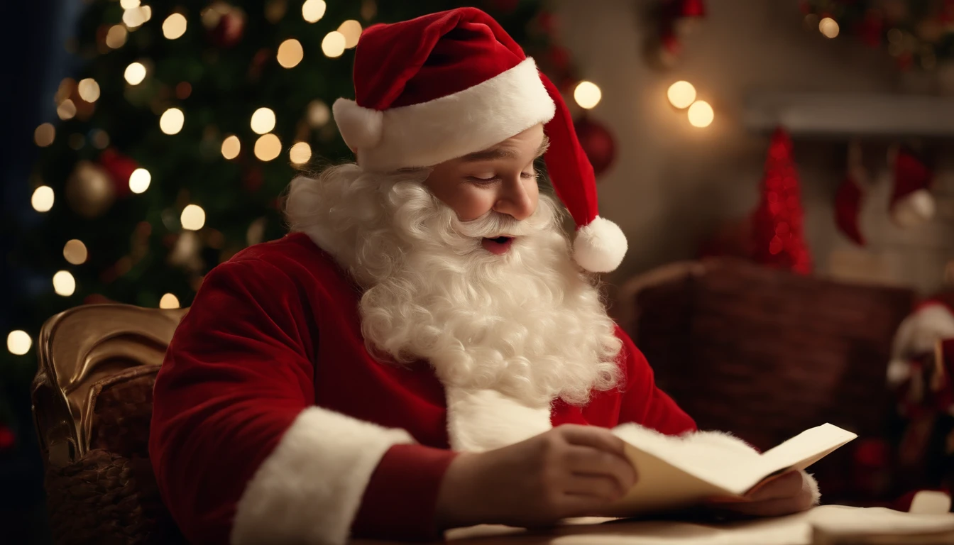 A high-resolution image of a cute Santa Claus reading letters from children, with a look of joy and excitement on his face, creating a visually heartwarming and sentimental scene.
