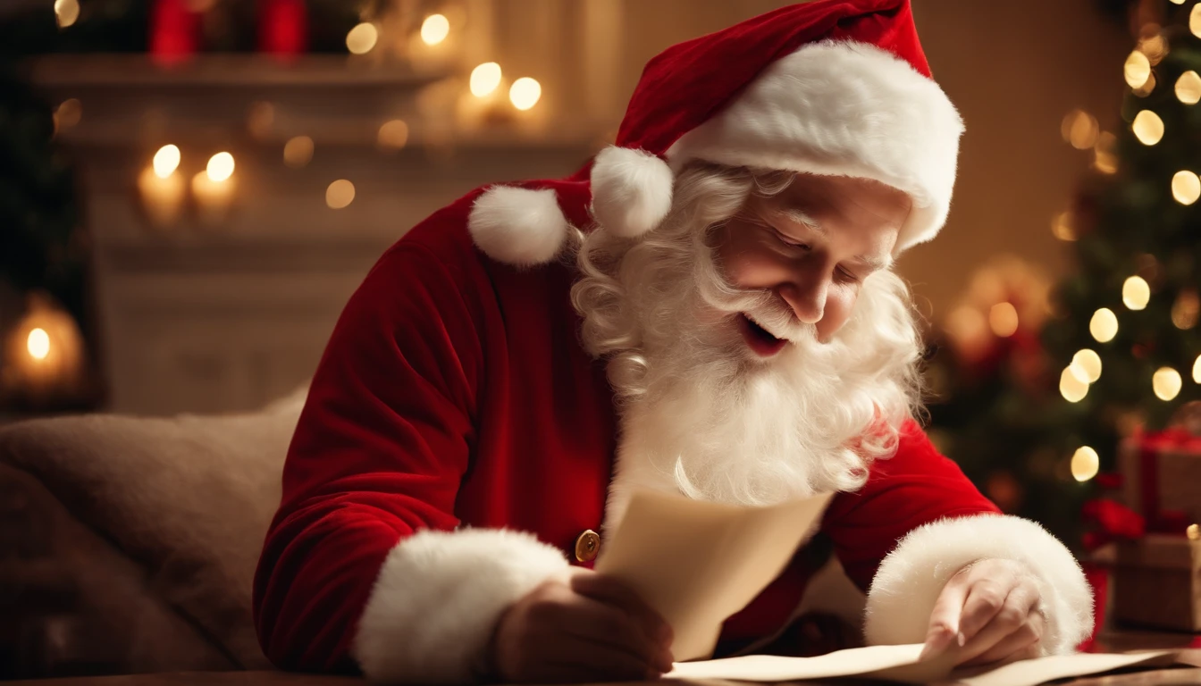 A high-resolution image of a cute Santa Claus reading letters from children, with a look of joy and excitement on his face, creating a visually heartwarming and sentimental scene.