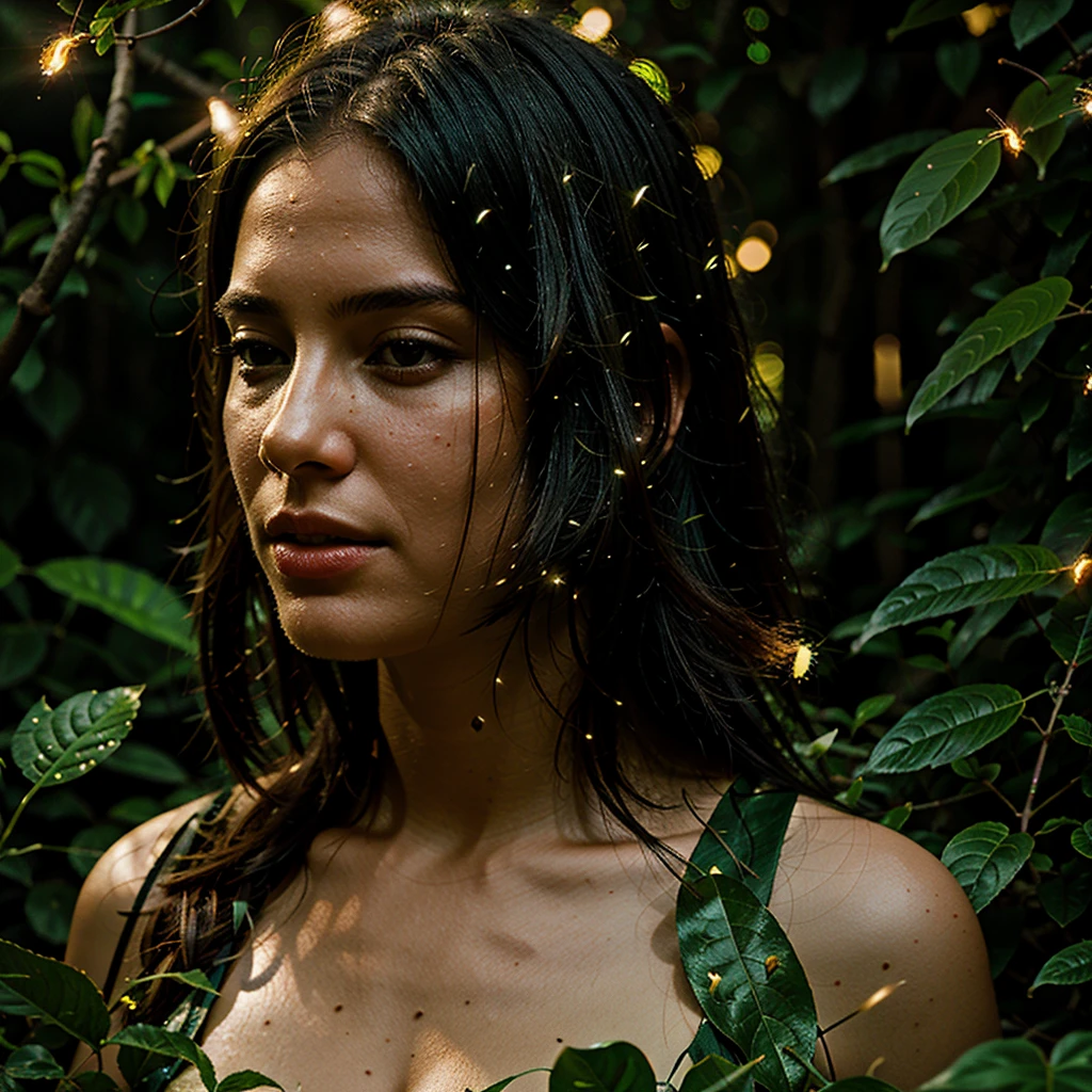 Woman in jungle surrounded by fireflies, Octane render, Cinematic lighting, otherworldly, macro photography, macro lens, highly detailed,