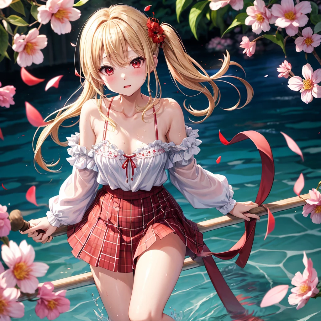Long brownish-yellow hair，Water spirit eyes，Cherry small mouth，with fair skin，Fingers are soft and beautiful，With a lollipop in his mouth，With a smile on his face，Eighteen-year-old girl，Wearing a basket white skirt，Wear a pink tie，Wearing sky blue high heels，The legs are slender and beautiful