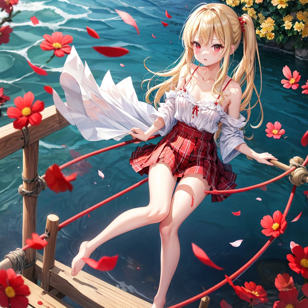 a blond、red eyes、1 pretty girl、animesque、lightly dressed、Plaid miniskirt、flower petals、bare-legged、wetting hair、Camisole-wearing、Kick the water、tightrope walking、Yukichi Fukuzawa、blur、Kumiki