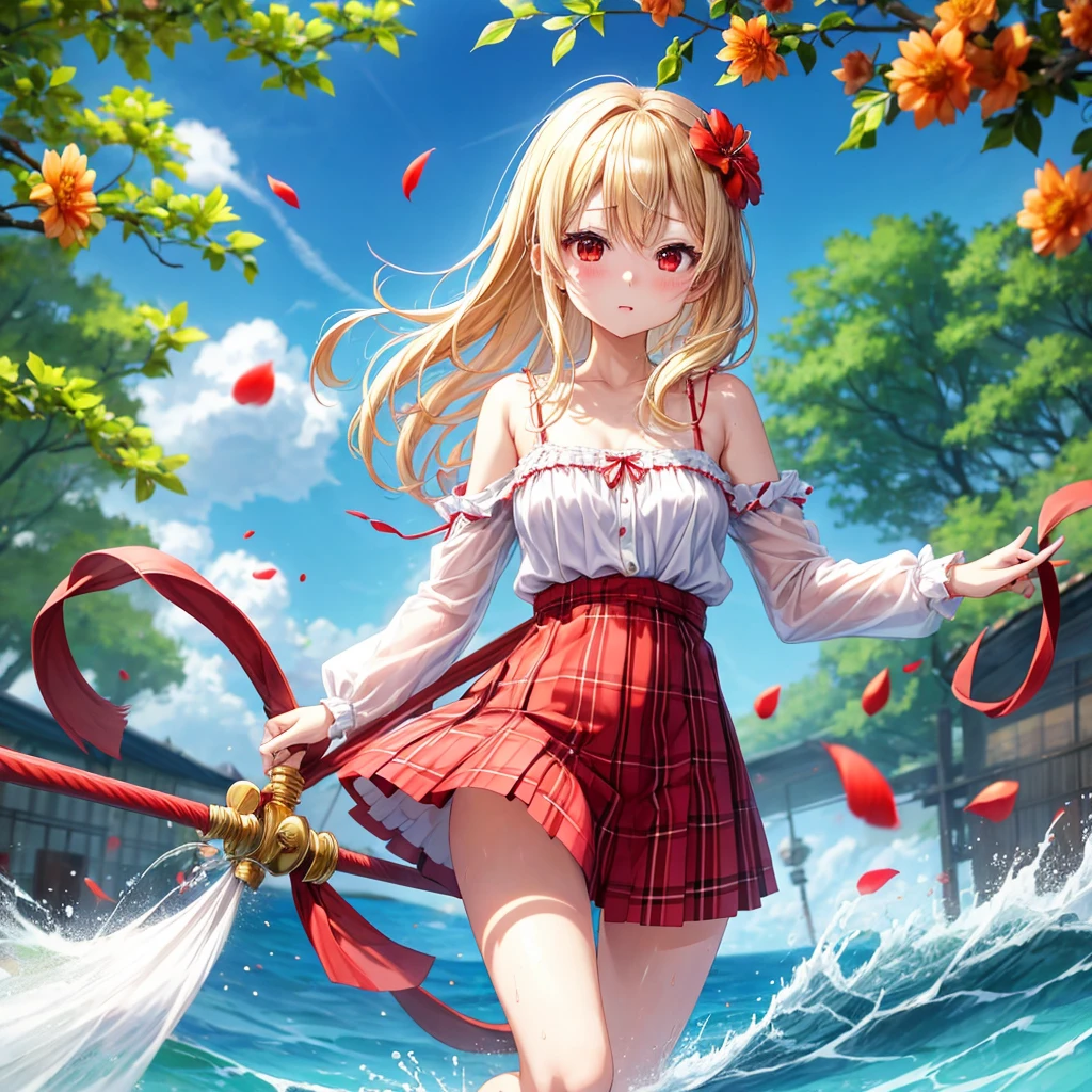 a blond、red eyes、1 pretty girl、animesque、lightly dressed、Plaid miniskirt、flower petals、bare-legged、wetting hair、Camisole-wearing、Kick the water、tightrope walking、Yukichi Fukuzawa、blur、Kumiki