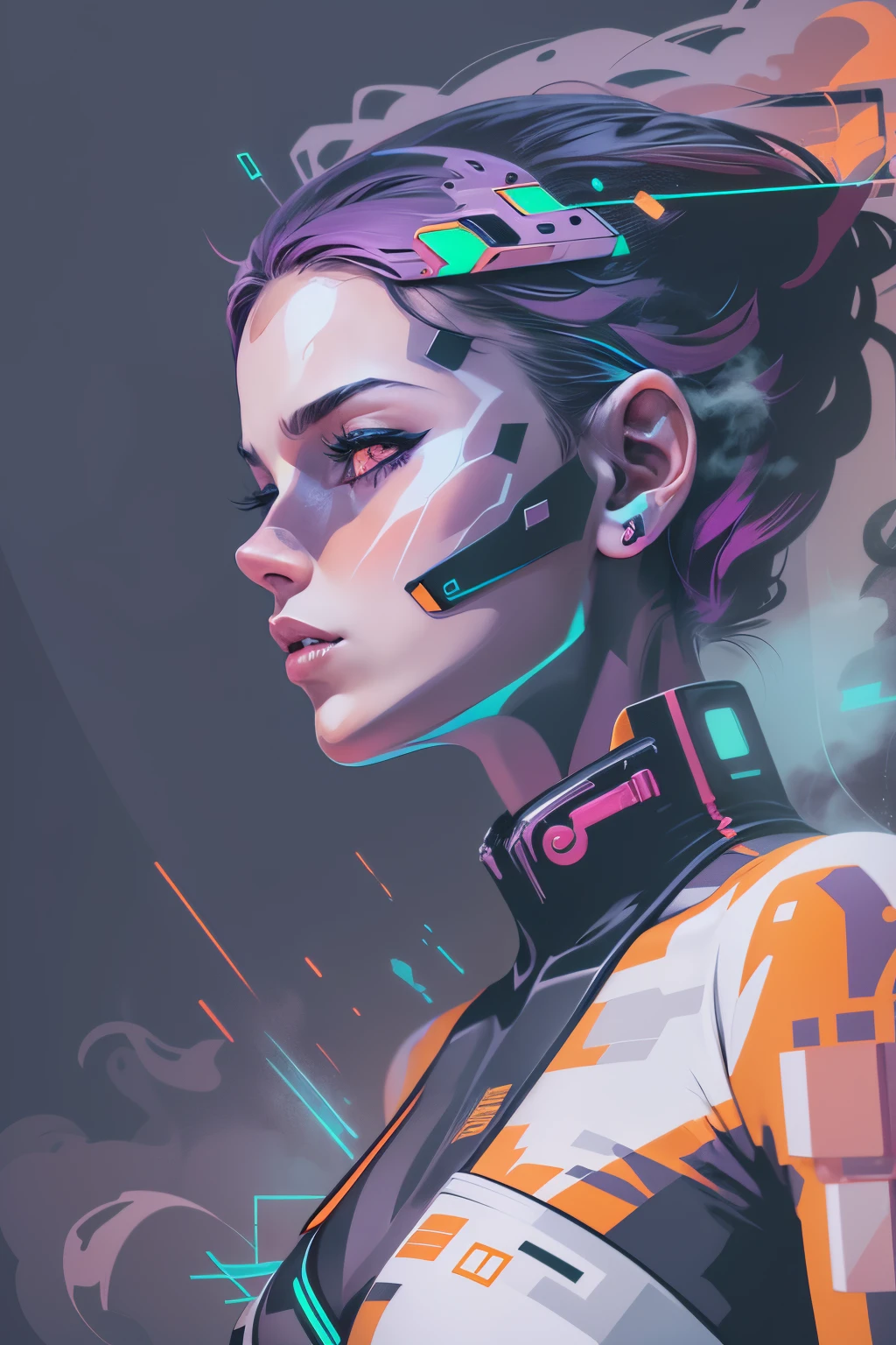 graphic design t-shirt, flat design, futuristic cyberpunk girl in mix of tones, topless,, sexy body, topless, flashing tits, big tits, metal skin, metal nipples, laser beams, purple emissive eyes, colorful tones, clean highly detailed, vector image, smoke explosion, simple background, flat white background, bright vector ((white background) )