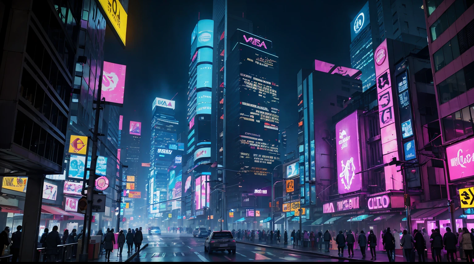 Ultra calidad, Neo Tokio, cyberpunk street with tall buildings and led lighting, Lots of neon lights, carteles luminosos led, television screens in buildings, Flying vehicles