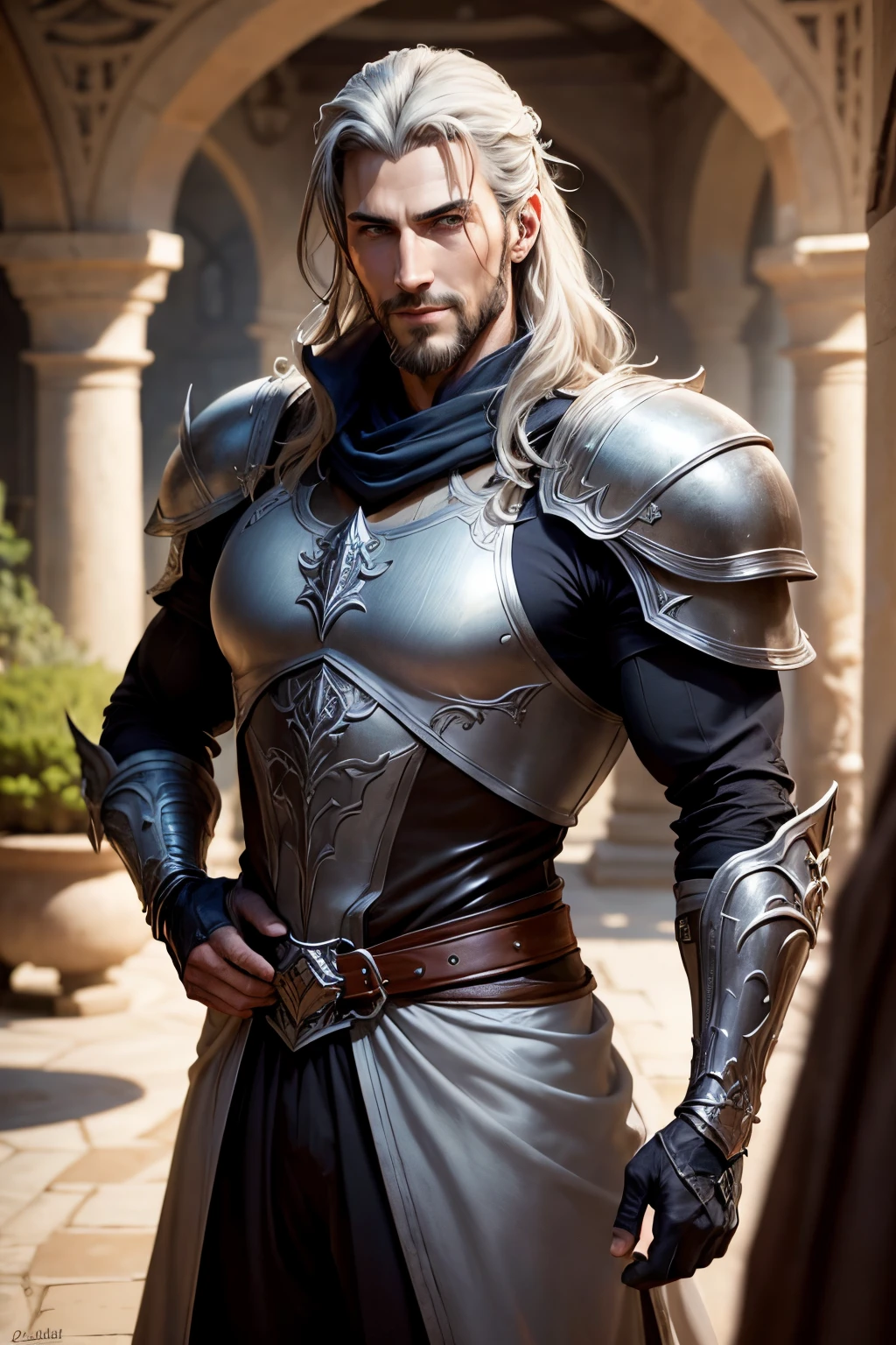 Background is the Garden, 1 men, Style argile grise,(Masterpiece, Best quality), niveaux de gris,zbxr, Castlevania Lord of the shadows muscular full moroccan Armor leather Armor , yeux blancs, Whitebeard, The smiling face narrowed his eyes, Posting, Flattering expression
