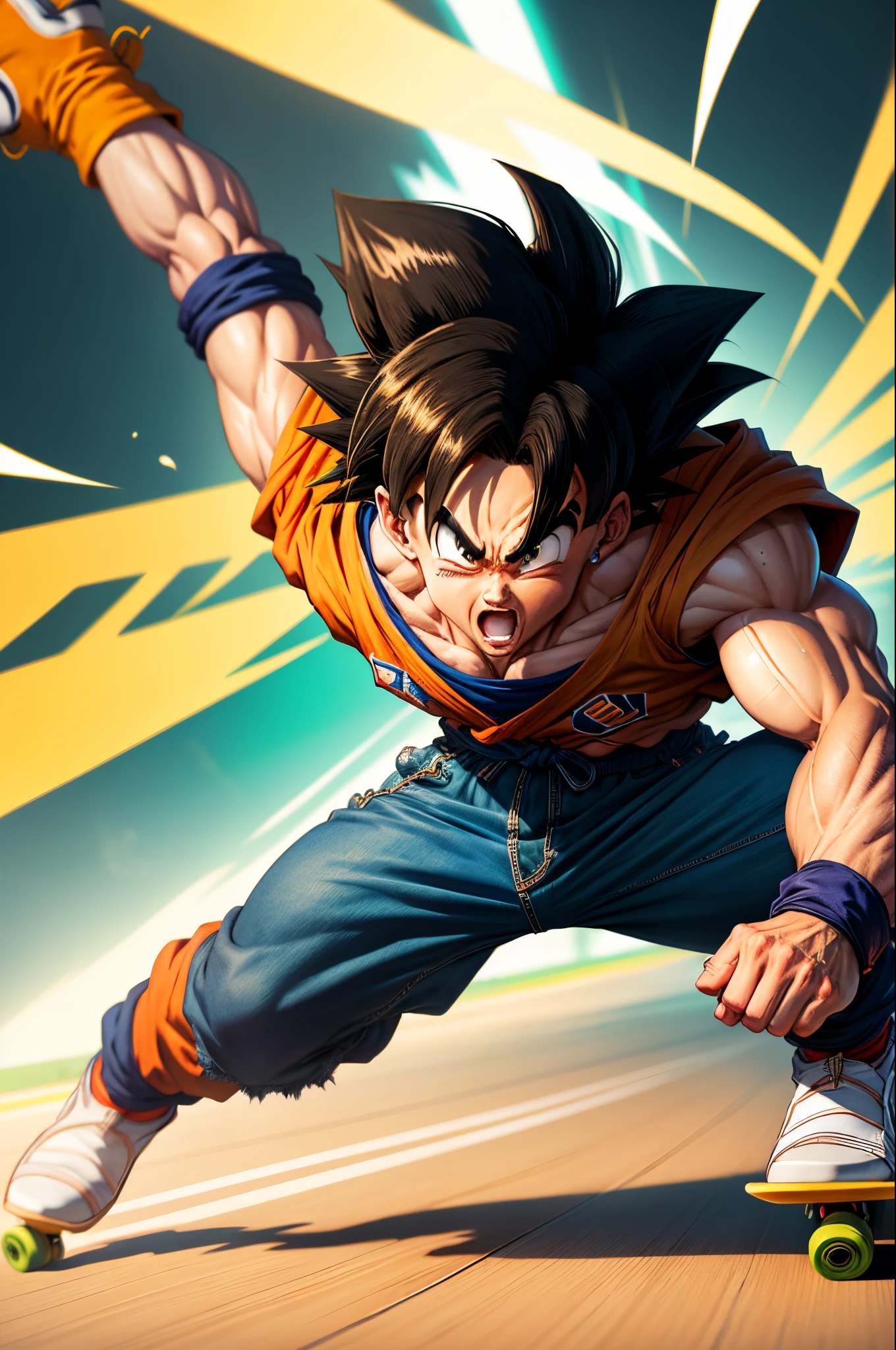 Goku estilo hacker em uma pista de skate