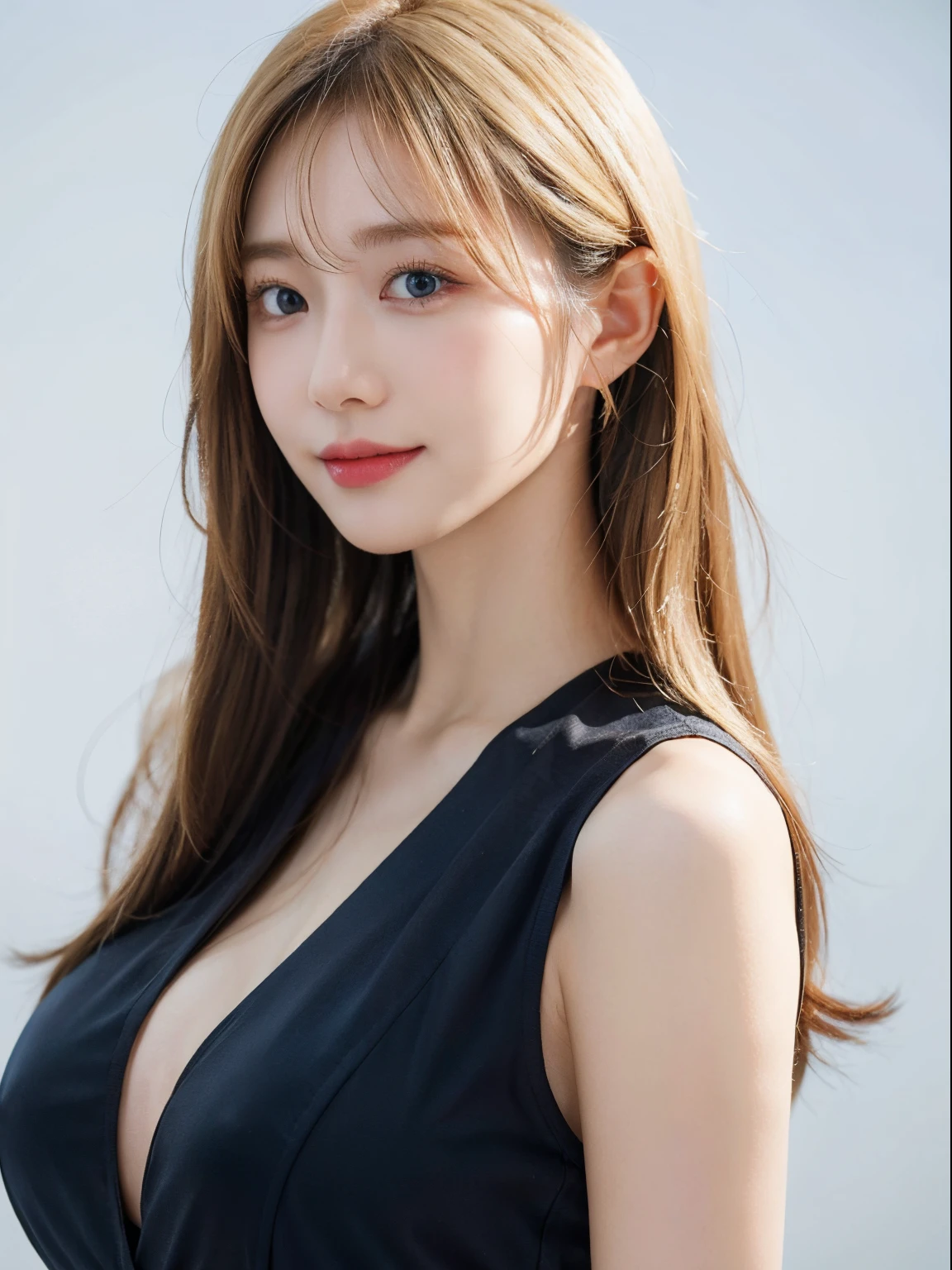 (White background), ((8K, RAW, Masterpiece: 1.4)), (Professional Photoshoot, sharp:1.2), ((Portrait shot)), Perfect dynamic composition, (Natural sunlight), (Soft Shadow), (Perfect body:1.4, Slim abs:1.2), ((Japanese Hairstyle:1.4, Huge breast:1.2)), Best quality, ultra high res, (photorealistic:1.4), (detailed beautiful girl:1.4), looking_at_viewer, Detailed facial details, beautiful detailed eyes, blonde hair, blue eyes, slender, lightly smile, (Korean makeup:0.2), juicy lips, highly detailed clothes, (ulzzang-6500-v1.1:0.3), Fashion Model, sexy pose