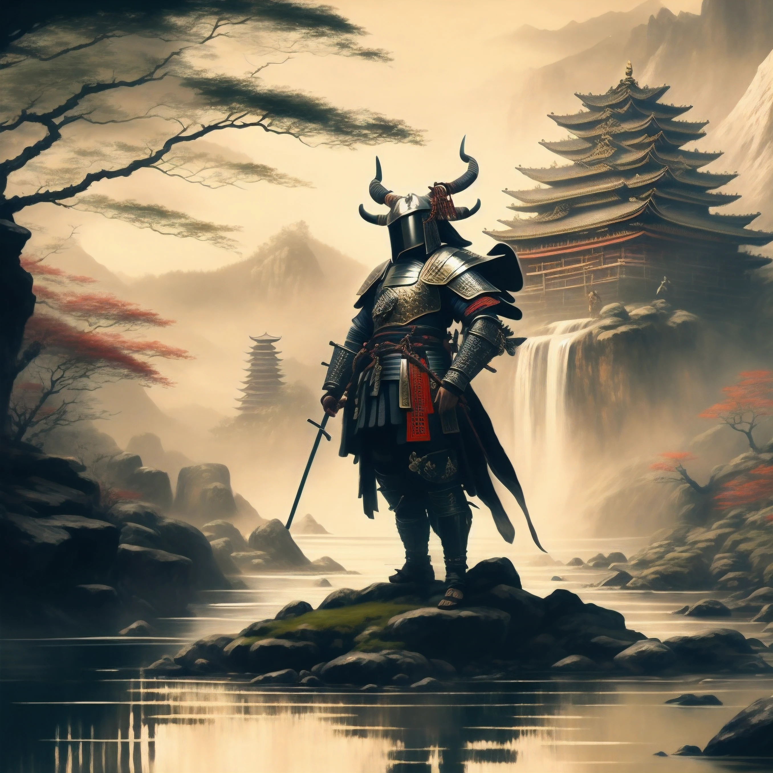 Painting of a man in armor standing on a rock near a river, black bull samurai, concept art wallpaper 4k, feudal japan art, inspired by Kanō Hōgai, moon bull samurai, samurai warrior, Samurai style, 4K fantasy art, epic samurai warrrior, dressed in samurai armour, Samurai, demon samurai warrior, ancient japanese samurai