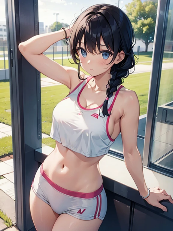 Sportsbra、White panties、Bangs、side braid