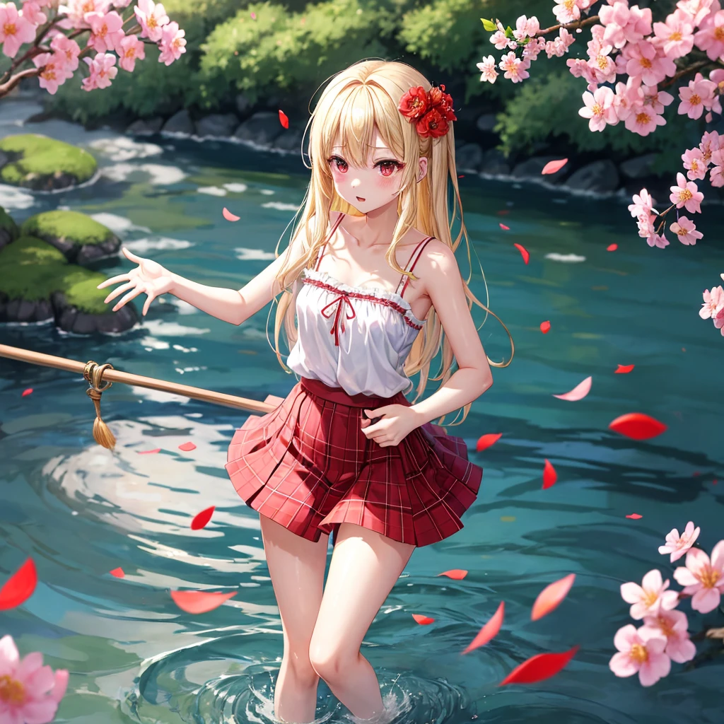 a blond、red eyes、1 pretty girl、animesque、lightly dressed、Plaid miniskirt、flower petals、bare-legged、wetting hair、Camisole-wearing、rainbows、Kick the water、tightrope walking