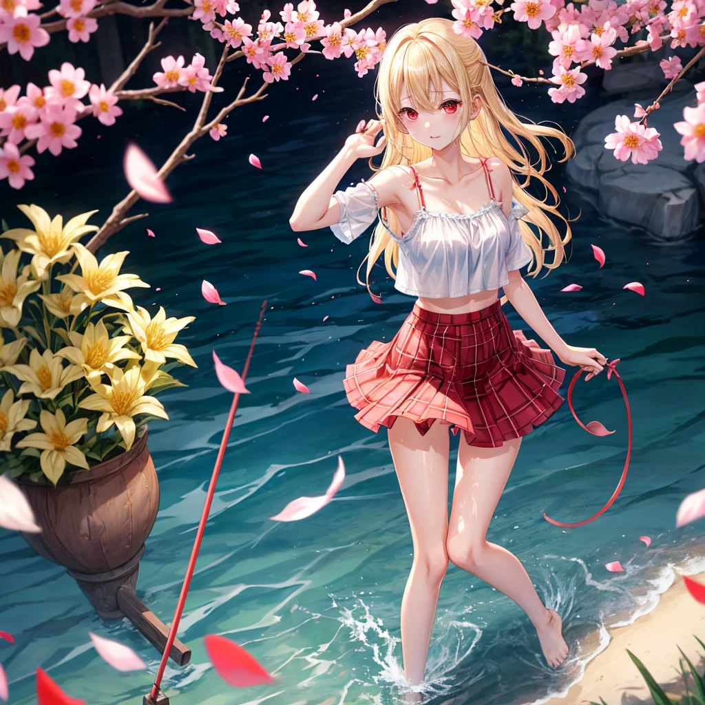 a blond、red eyes、1 pretty girl、animesque、lightly dressed、Plaid miniskirt、flower petals、bare-legged、wetting hair、Camisole-wearing、Kick the water、tightrope walking、Yukichi Fukuzawa、blur、lightning bolt