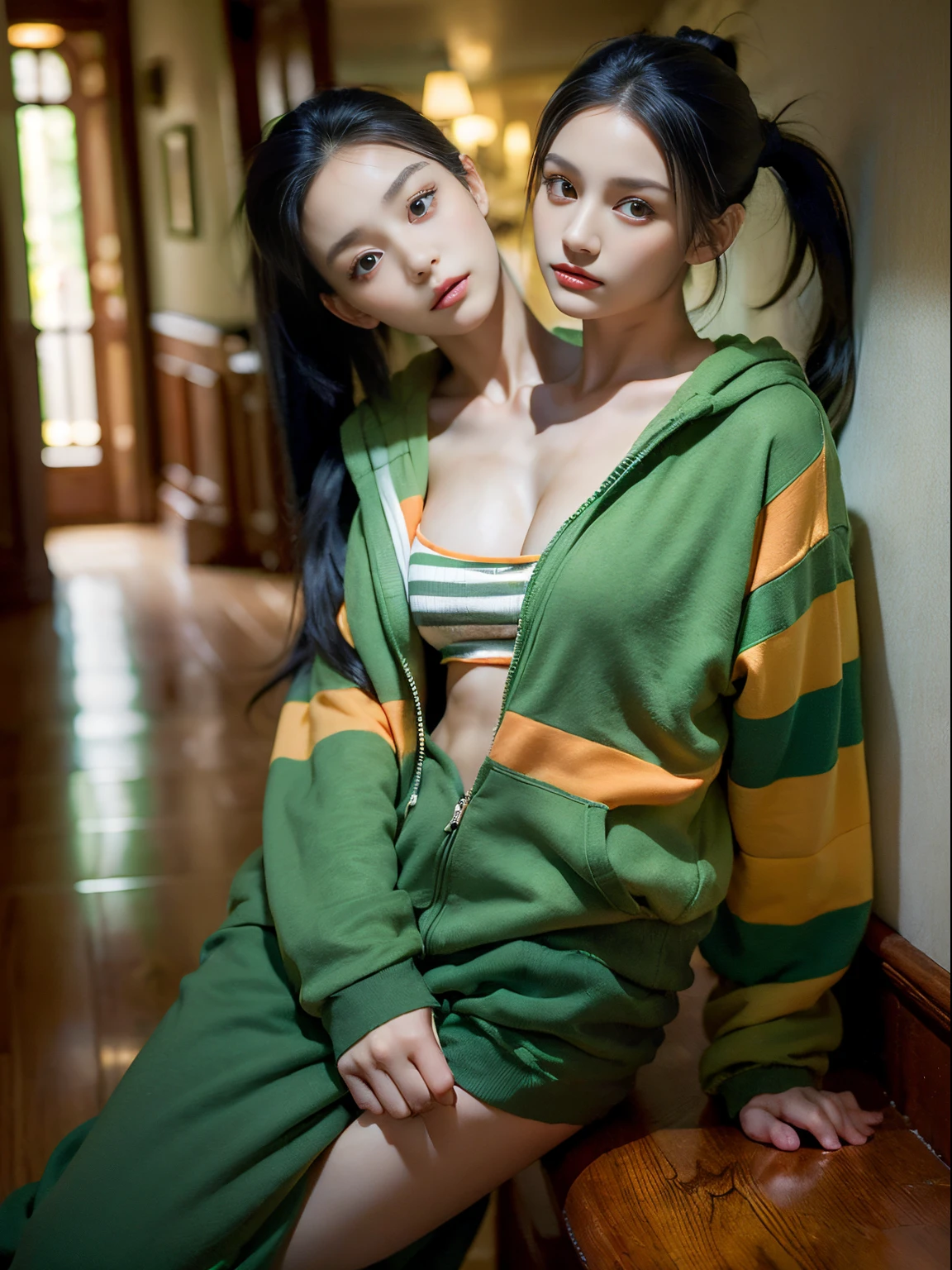 (masterpiece, best quality), best resolution, (2heads:1.5), 1girl, black hair, ponytail, green eyes, confused, thinking, looking for keys, hand pinching chin, green hoodie with orange stripes, dark gray long pants, house hallway