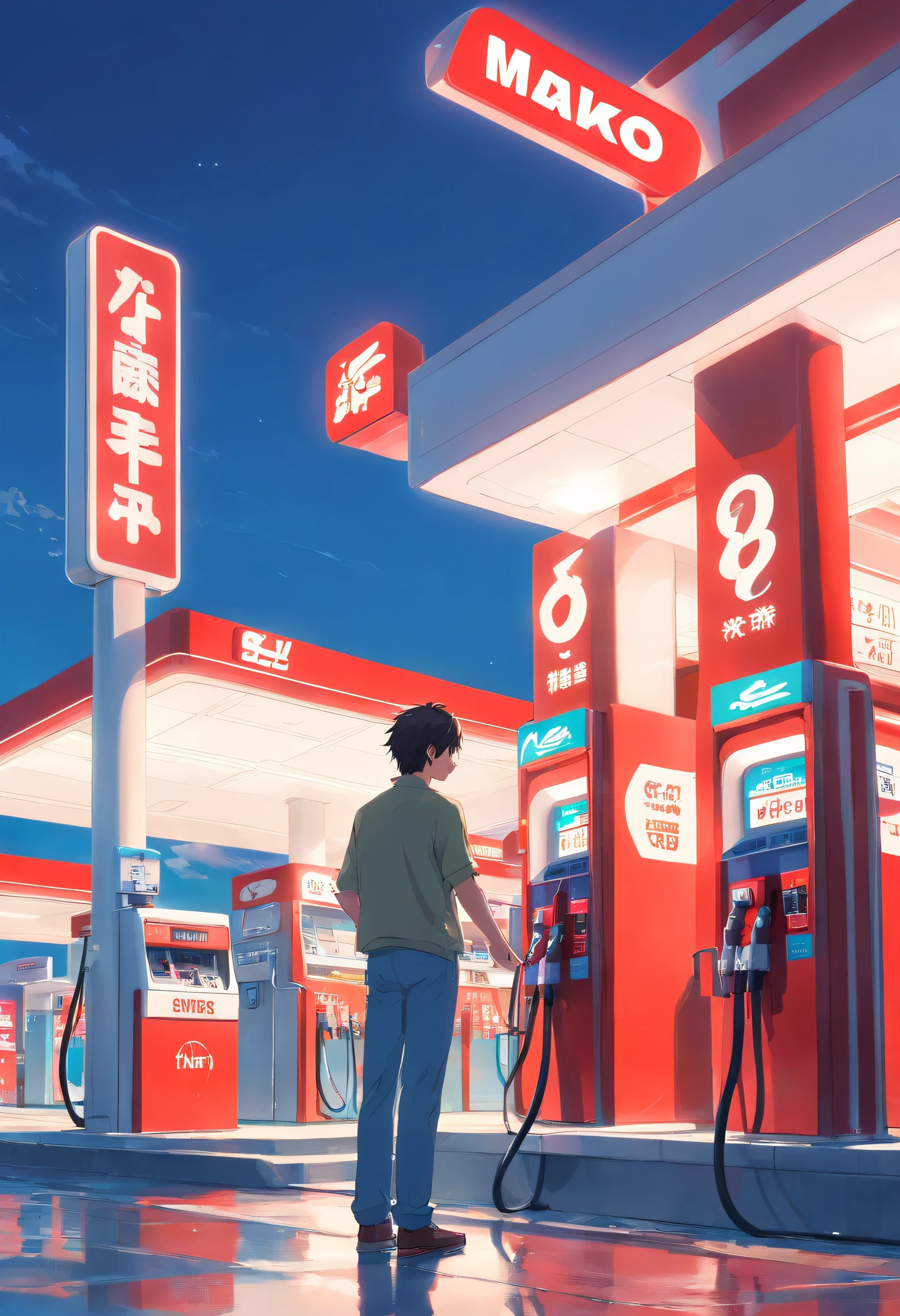 Best quality at best,ultra clear details,Man refueling at red gas station,Come happily