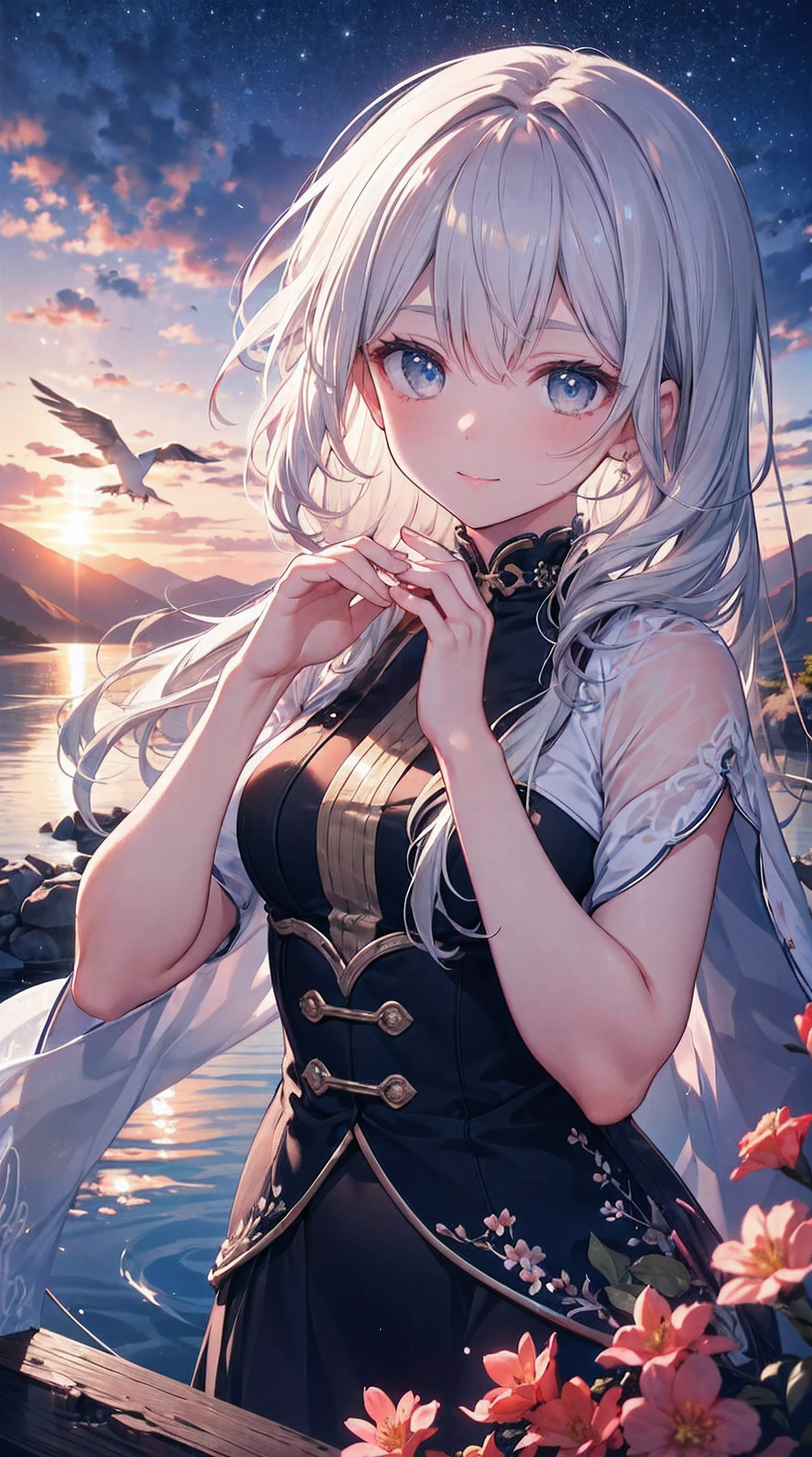 Three levels of cuteness,Hair fluttering in the breeze,piano notes surround,Mountains at sunset,light shine,Authentic details,fantasticcolors,mysterious shadow,the soft light,A miracle of nature,Water droplets ripple,Bright starry sky,morning fog,Peaceful lake,old castle,power pose,The corners of the smiling mouth,breath of happiness,sensitive touch,Gorgeous flowers,mesmerizing eyes,Dynamic lines,Flocks of birds flying freely,warm hugs,Chase the scene,immersive experience,beautful view,Emotional expression,Melodious music,Delicate touch,final real effect,deep thinking,stunning visuals,mystical ambiance,Just like a real virtual world,a fantasy adventure,Pleasant sound,Endless imagination,Innovation that subverts tradition,A feast for the senses,Interesting details。
