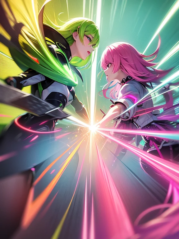 Fluorescent pink hair、Fluorescent Green Clothing、neon color、Vivid Color、western clothes、length hair、illustratio、Saturated colors、Dynamic angles、dynamicposes、two people facing each other