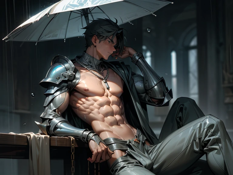 1boy age 20, muscular fit with ((bare chest)), ((white)) science fiction armor, science fiction helmet, chains, sweating heavily, musculature, necklace, raining. Big pecs, washboard abs, tan skin or fair skin, sweating. Skin visible. Legs spread wide, half-reclining, legs spread, gay yaoi bara enticing. Bad weather, raining heavily, wet body raindrops, gray sky