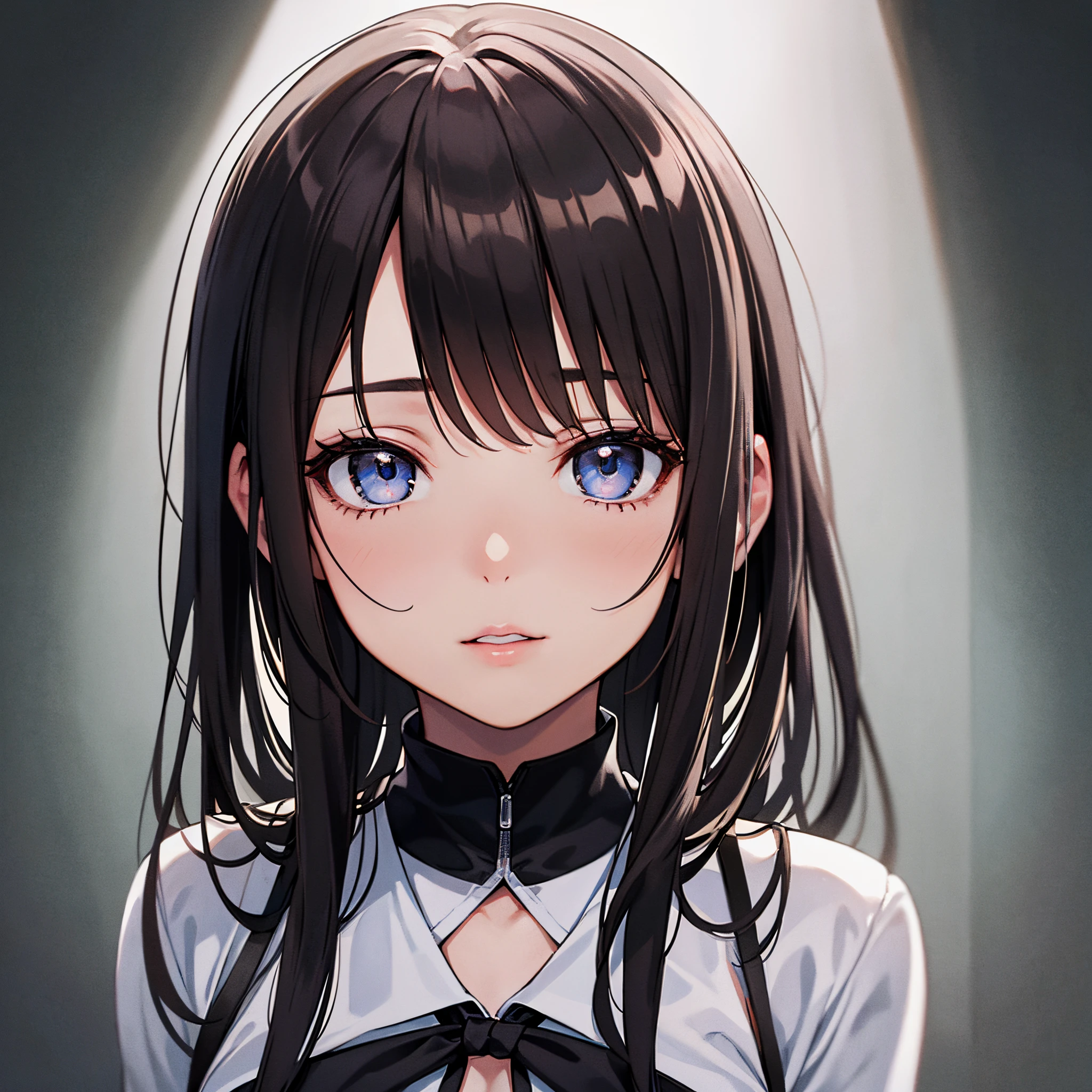(Best Quality,hight resolution),Realistic,Portrait,Medium:Black and white,Contrasty,Soft lighting,Girl with long dark hair and dark eyes standing in front of a white background. She wears a magic school uniform of black jacket and white shirt, And there's a ribbon on the chest..... The portrait focuses on her face, Pay attention to the expressive eyes and delicate lips、Captures the intricate details of her beautiful features。。。。。。. The lighting highlights the texture of her hair、Add depth to the overall composition。. An image that conveys elegance and mystery, -yeld giExpressing new charm and intelligence.A little dark atmosphere