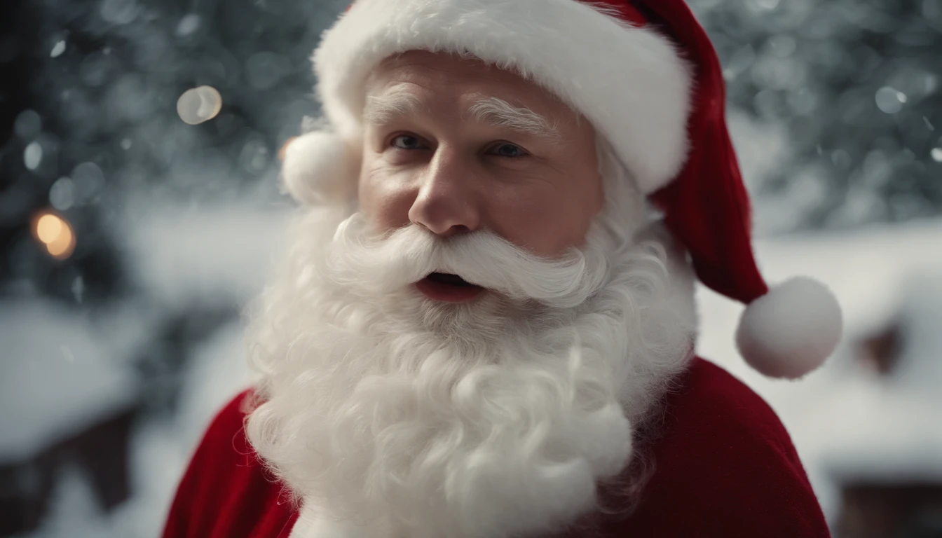 A close-up shot of a cute Santa Claus’s face, with his rosy cheeks and snowy white beard, creating a visually detailed and iconic image.