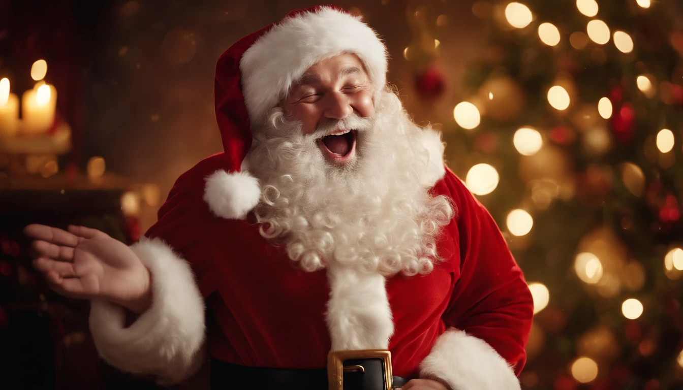 A high-resolution image of a cute Santa Claus laughing heartily, with his belly shaking like a bowlful of jelly, creating a visually jovial and festive scene.