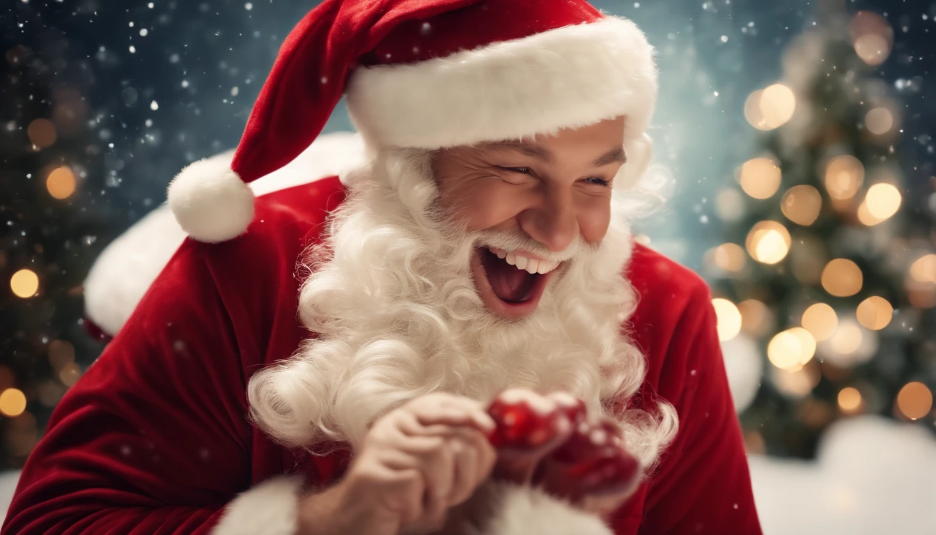 A high-resolution image of a cute Santa Claus laughing heartily, with his belly shaking like a bowlful of jelly, creating a visually jovial and festive scene.
