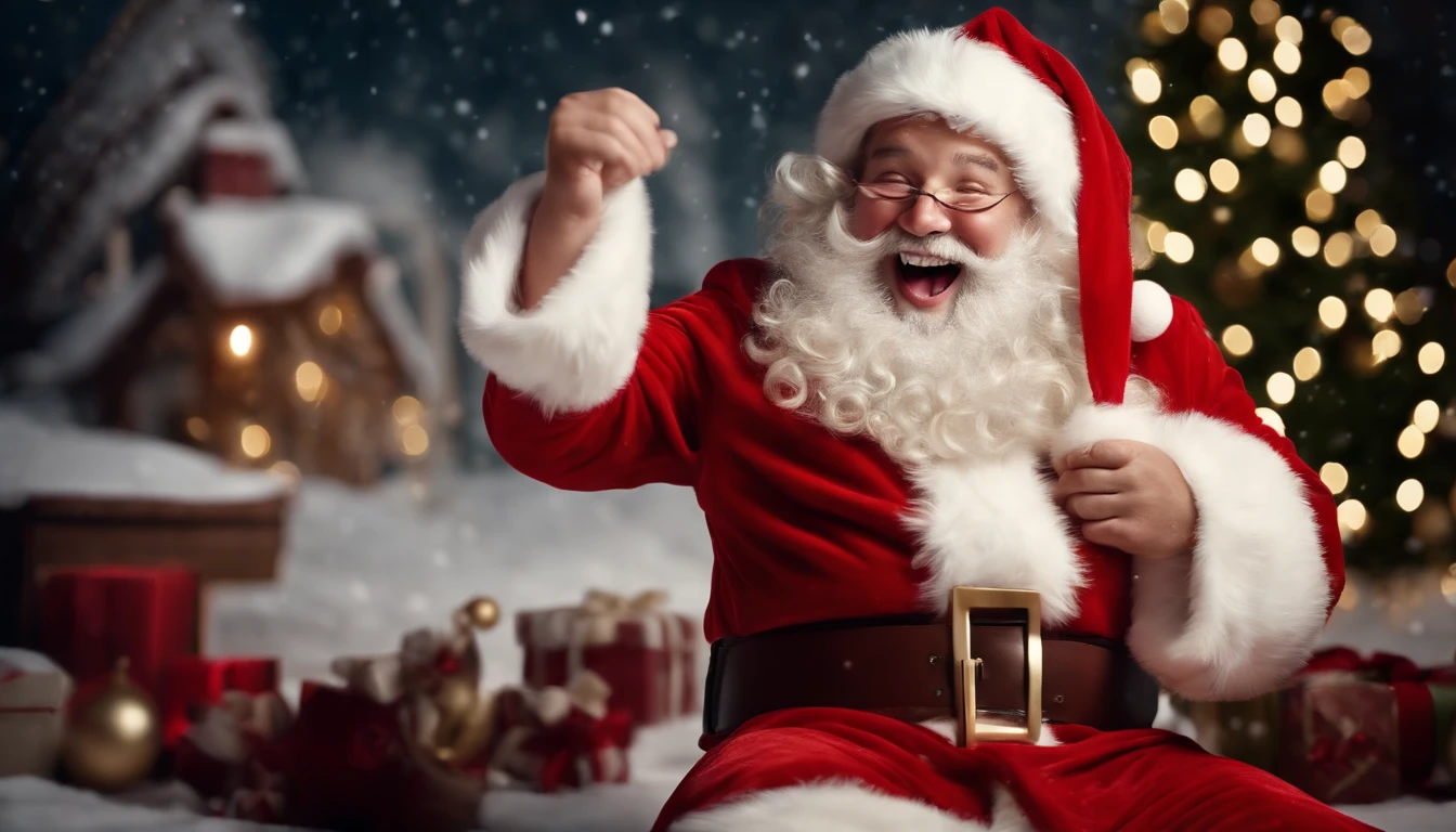 A high-resolution image of a cute Santa Claus laughing heartily, with his belly shaking like a bowlful of jelly, creating a visually jovial and festive scene.