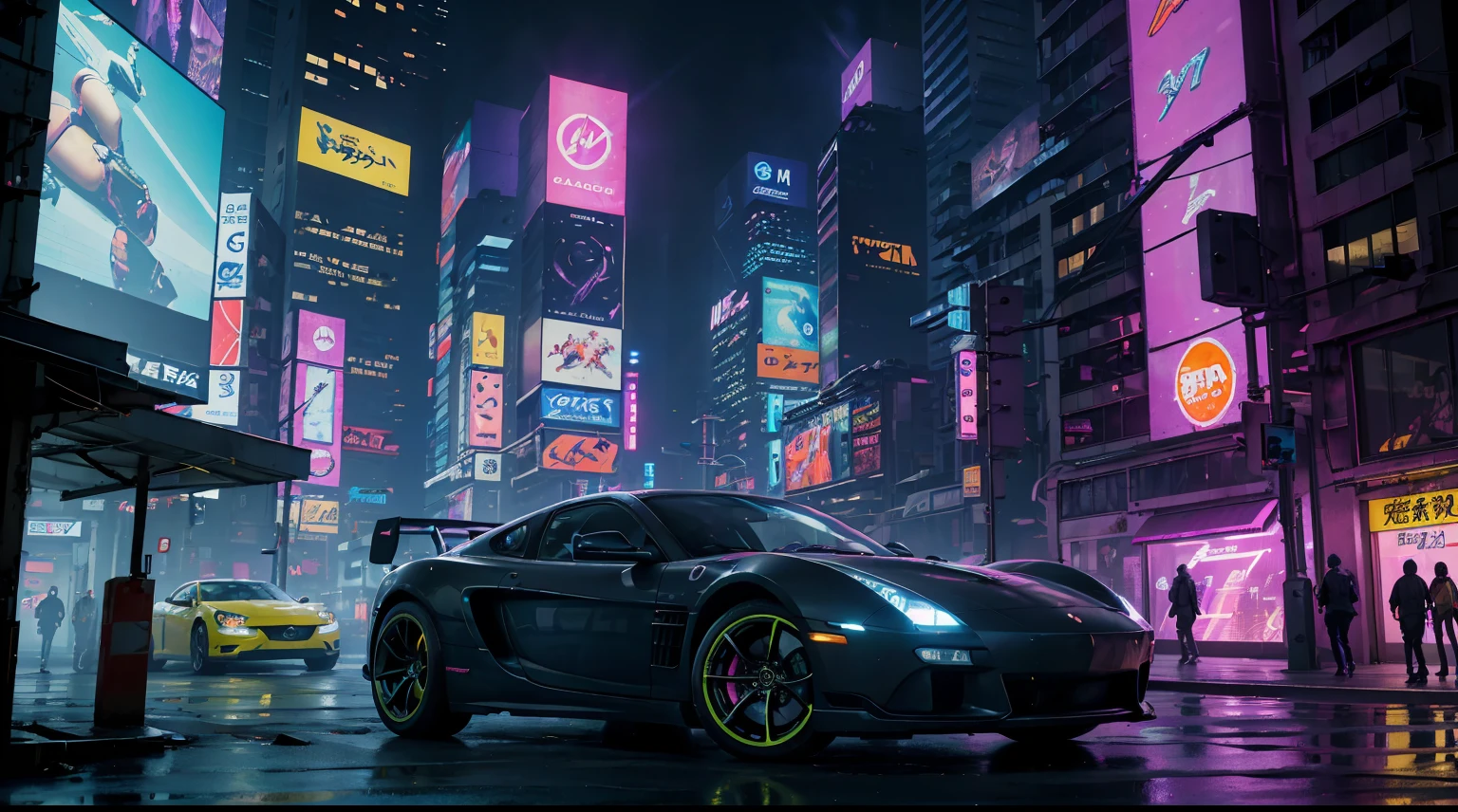 Ultra calidad, Neo Tokio, cyberpunk street with tall buildings and led lighting, Lots of neon lights, carteles luminosos led, television screens in buildings, Flying vehicles, coches futuristas