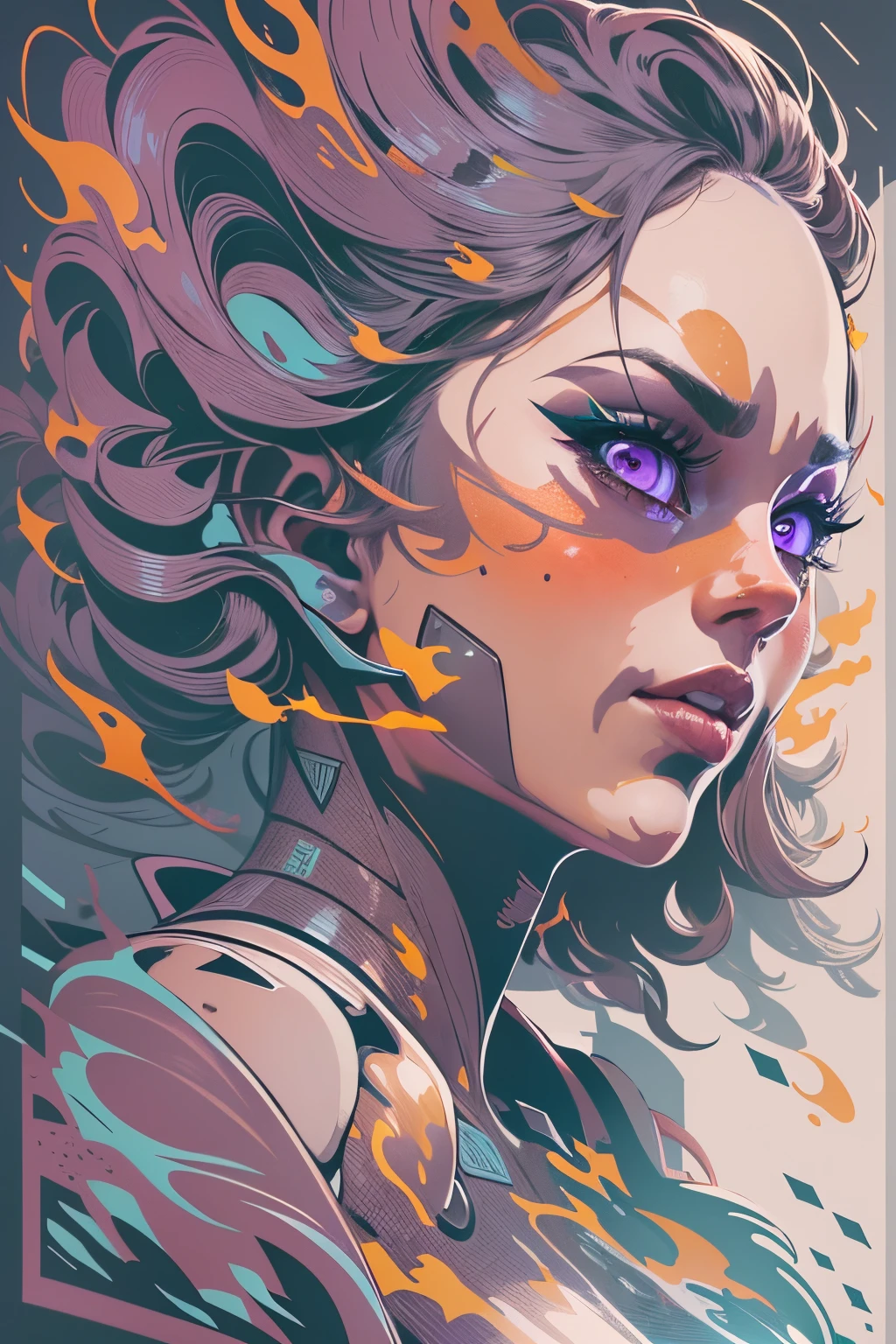 masterpiece, poster, artwork, vector masterpiece, intricate,graphic design t-shirt, flat design, futuristic cyberpunk, girl in mix of tones, topless, sexy body, topless, flashing tits, natural tits, metal skin, metal nipples, laser beams, purple emissive eyes, colorful tones, clean highly detailed, vector image, smoke explosion, simple background, flat white background, vibrant composition, dinamic, bright vector ((white background) )