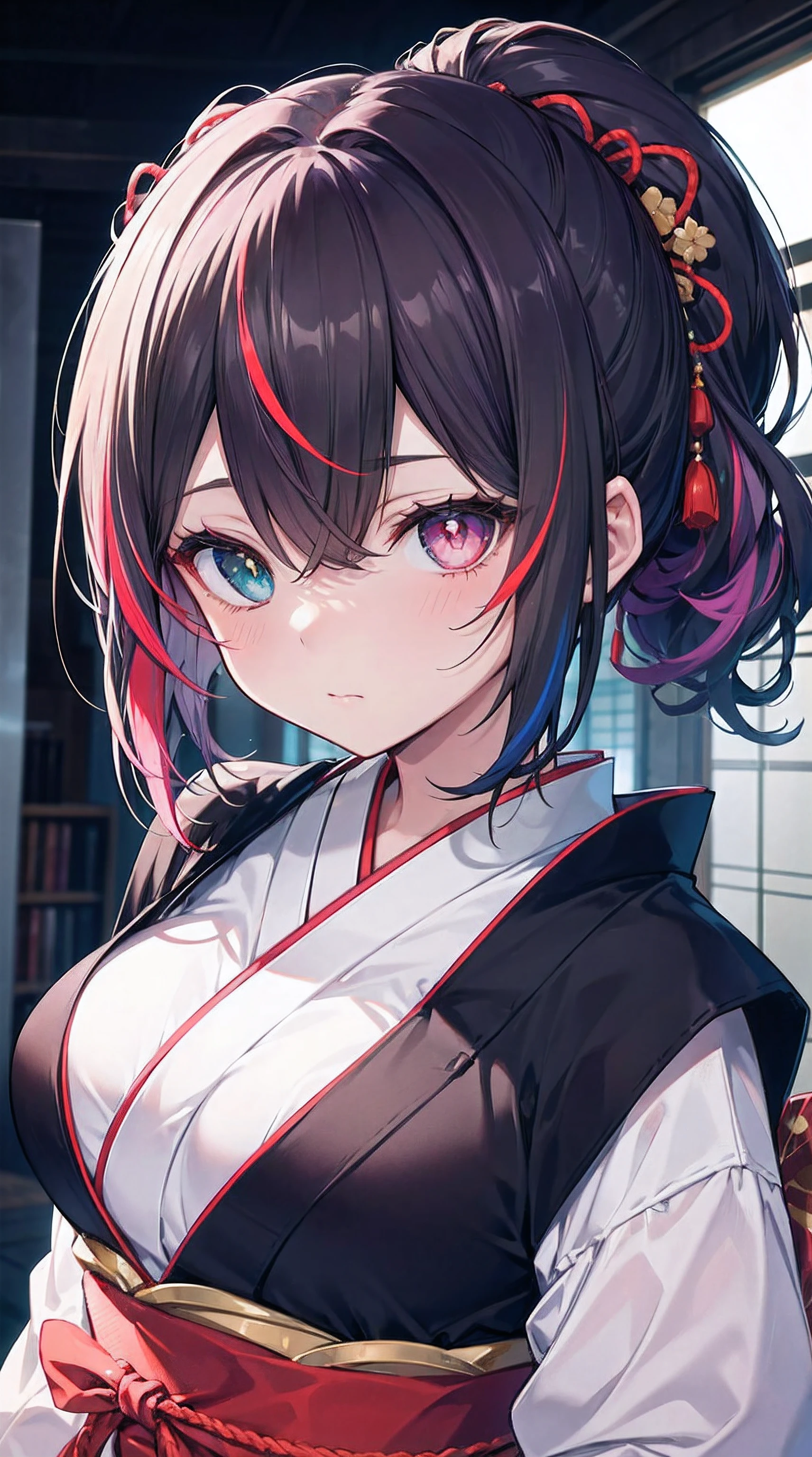 Hair color, low ponytail, Multicolored eyes, Heterochromia, Colored Contact Lenses, the shy, face flushed, Bright pupils, japanese manga, Front Shooting, hyper HD, tmasterpiece, Anatomically correct, ctextured skin, super detailing, high detal, high high quality, Best quality at best, A high resolution, 16k，Purple gorgeous kimono，middlebreast，Tsundere，face expressionless，Plump body，Slim waist，hair pin，beautful view，