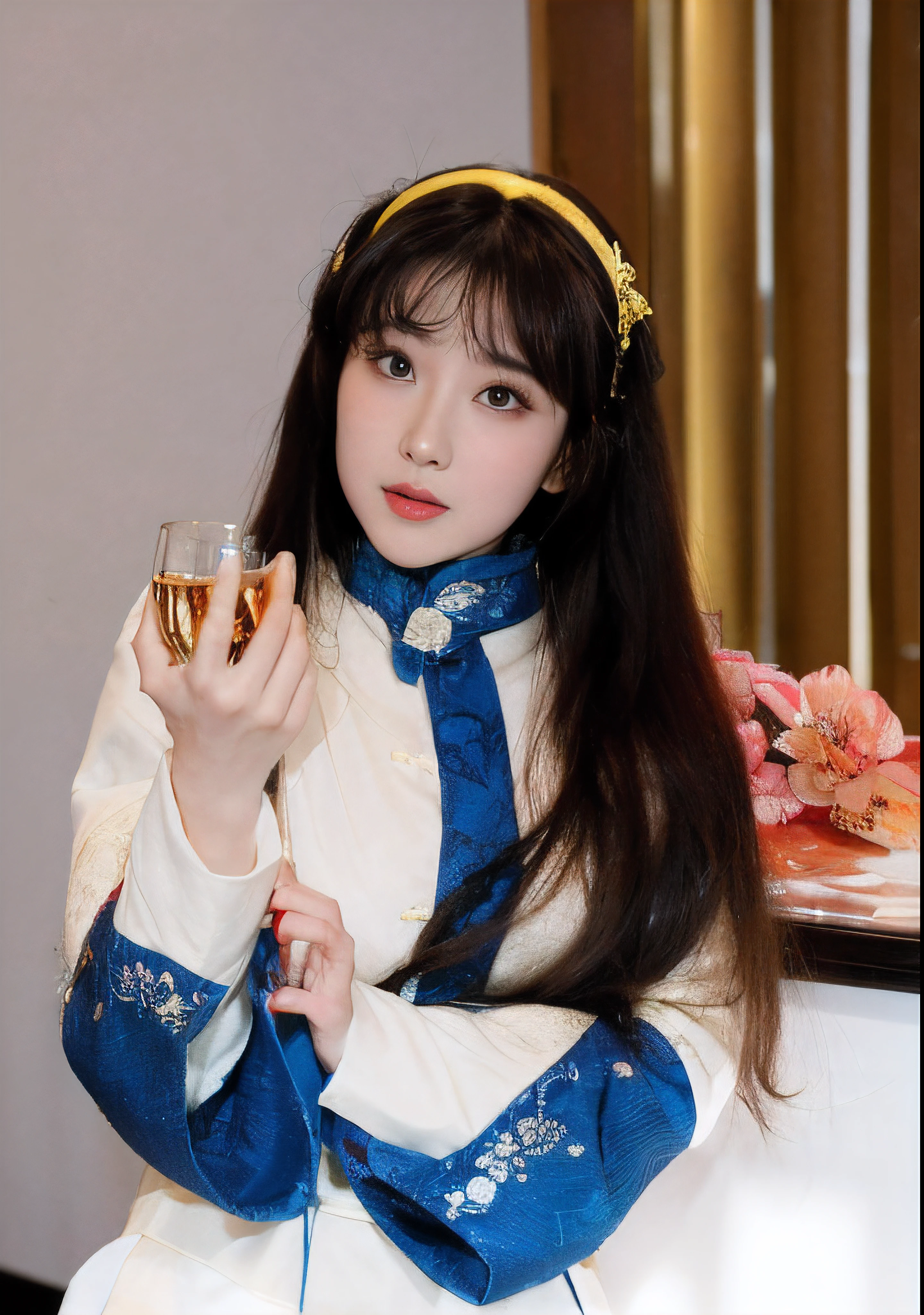 There was a woman holding a glass of wine, 宮 ， A girl in Hanfu, inspired by plum trees, sha xi, yun ling, inspired by Leng Mei, Matches ancient Chinese costumes, lu ji, Inspired by PwC, lulu chen, Wearing ancient Chinese clothes, Chinese woman, inspired by Gu An, China Princess