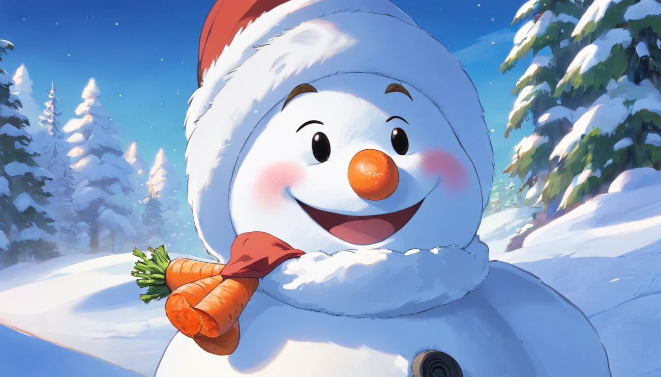 A high-resolution image of a cute snowman with a carrot nose, coal eyes, and a big smile, showcasing its adorable and friendly features.