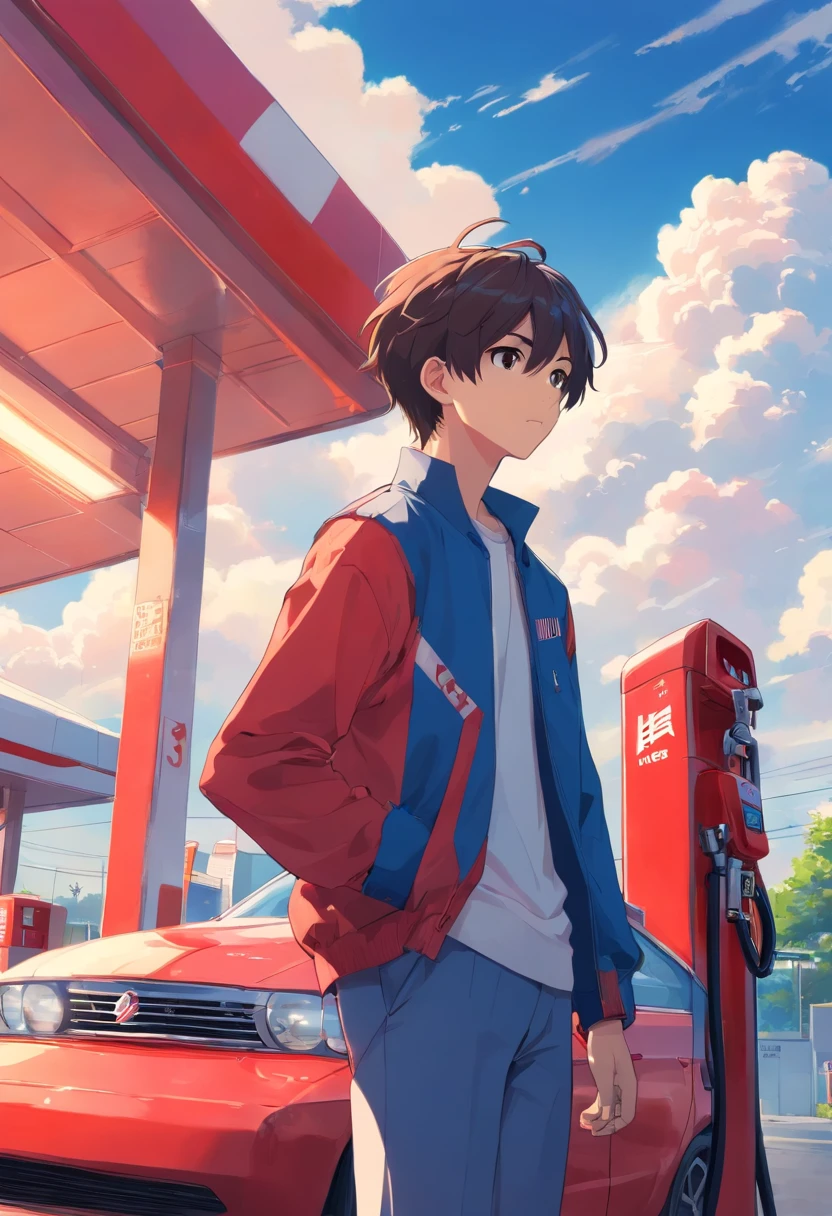 highest quality,ultra clear details,red gas station,Blue car,20-year-old man holding a gas gun,with blue sky and white clouds,Bright colors,Golden tree,white backgrounid,low-saturation