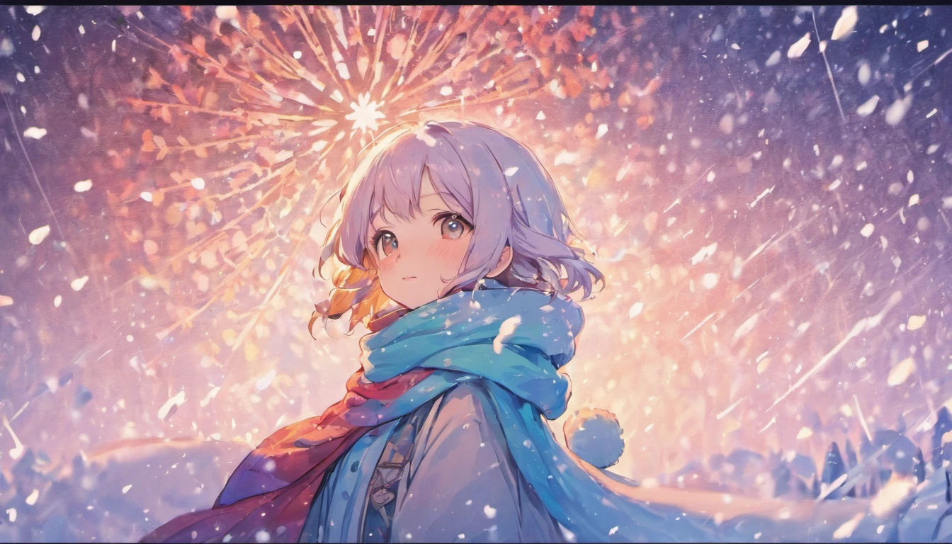 A visually stunning composition of a cute snowman wearing a colorful knitted hat and scarf, with snowflakes gently falling around it, creating a visually whimsical and enchanting scene.