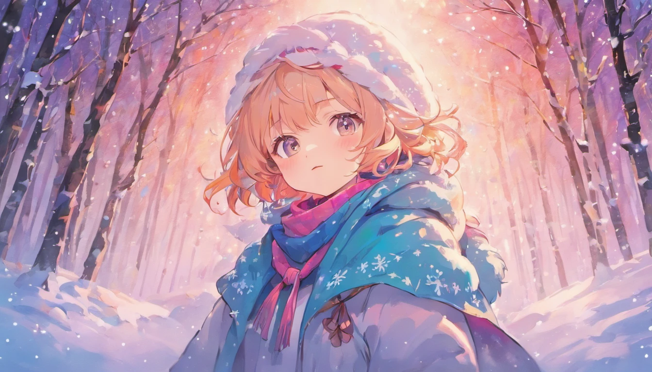 A visually stunning composition of a cute snowman wearing a colorful knitted hat and scarf, with snowflakes gently falling around it, creating a visually whimsical and enchanting scene.