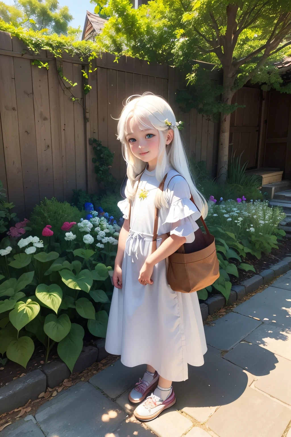 Background is the garden, a beautiful girl name is May, 8-year-old girl with blue eyes, long white hair, wearing a white tunic, On the waist there is a small bag, Queuing up with other kids, smilling face, angled from behind, Standing beside the large rock, Sitting eating a roast chicken